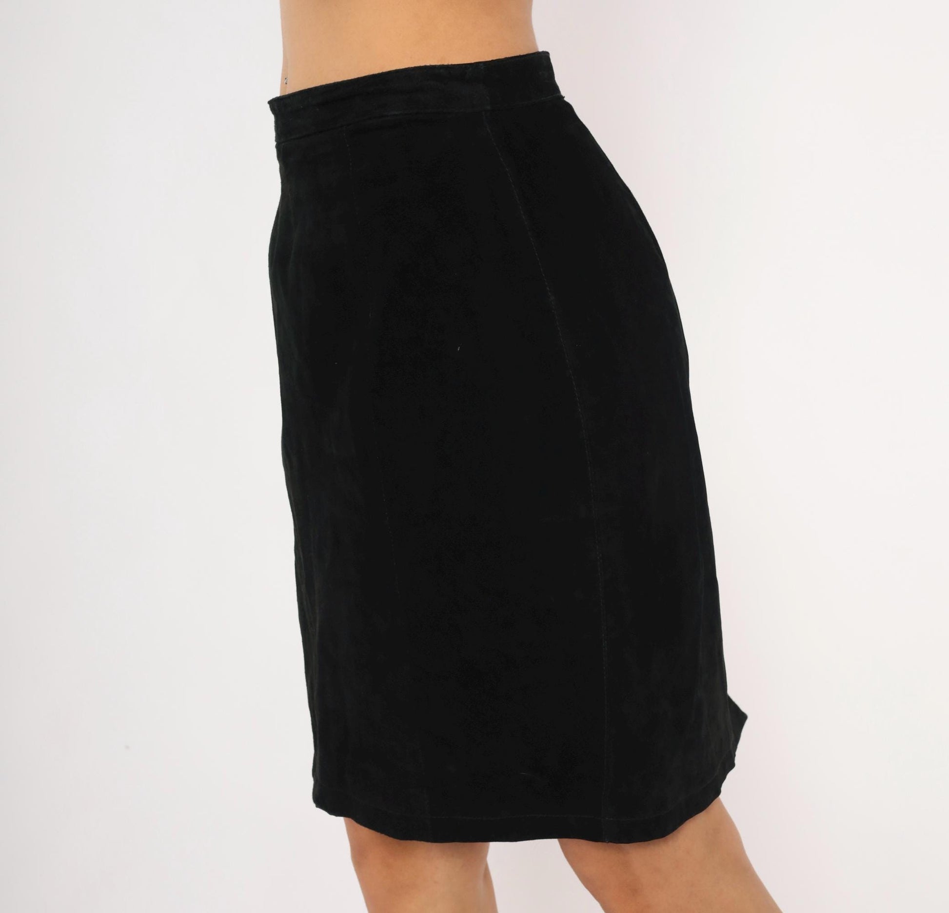 90s Black Suede Pencil Skirt High Waist Knee Length Medium M