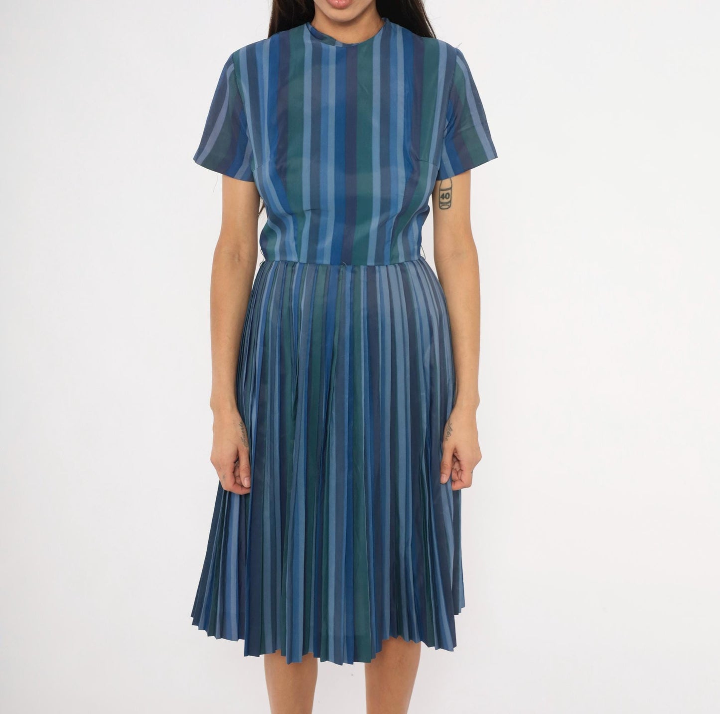 60s Stacy Ames Striped Pleated Midi Dress Navy Teal Crew Neck Small