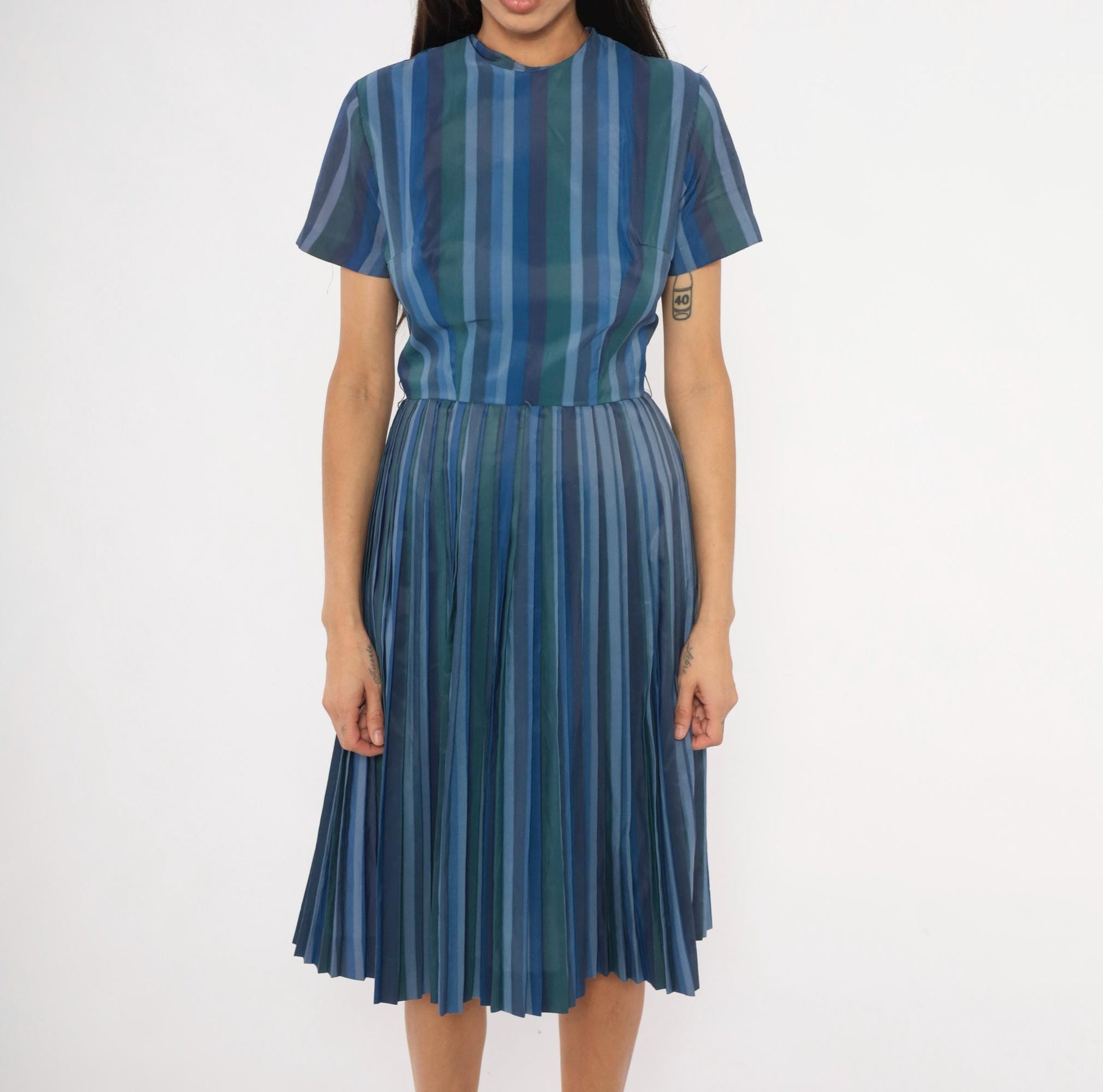 60s Stacy Ames Striped Pleated Midi Dress Navy Teal Crew Neck Small