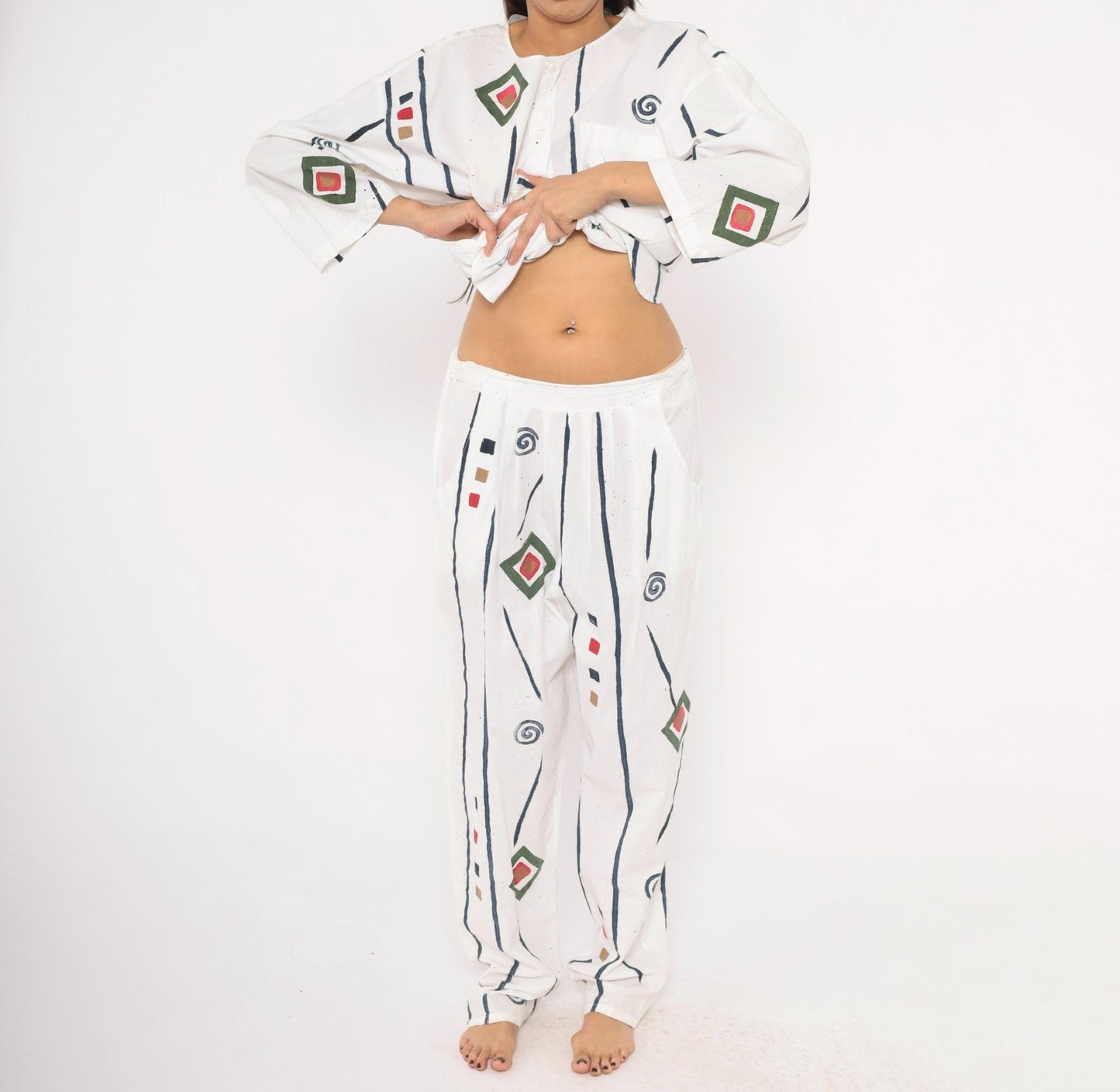 90s Allegre Geometric Print Cotton Two Piece Set White Large L