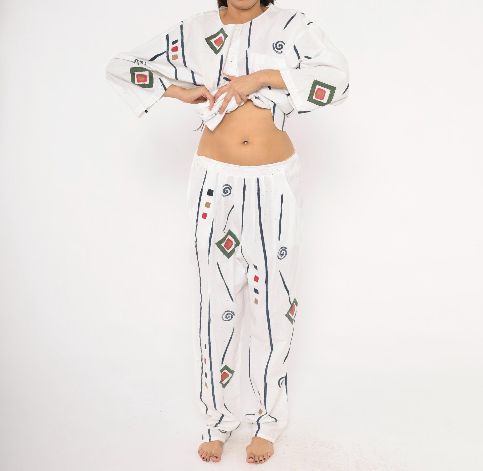 90s Allegre Geometric Print Cotton Two Piece Set White Large L