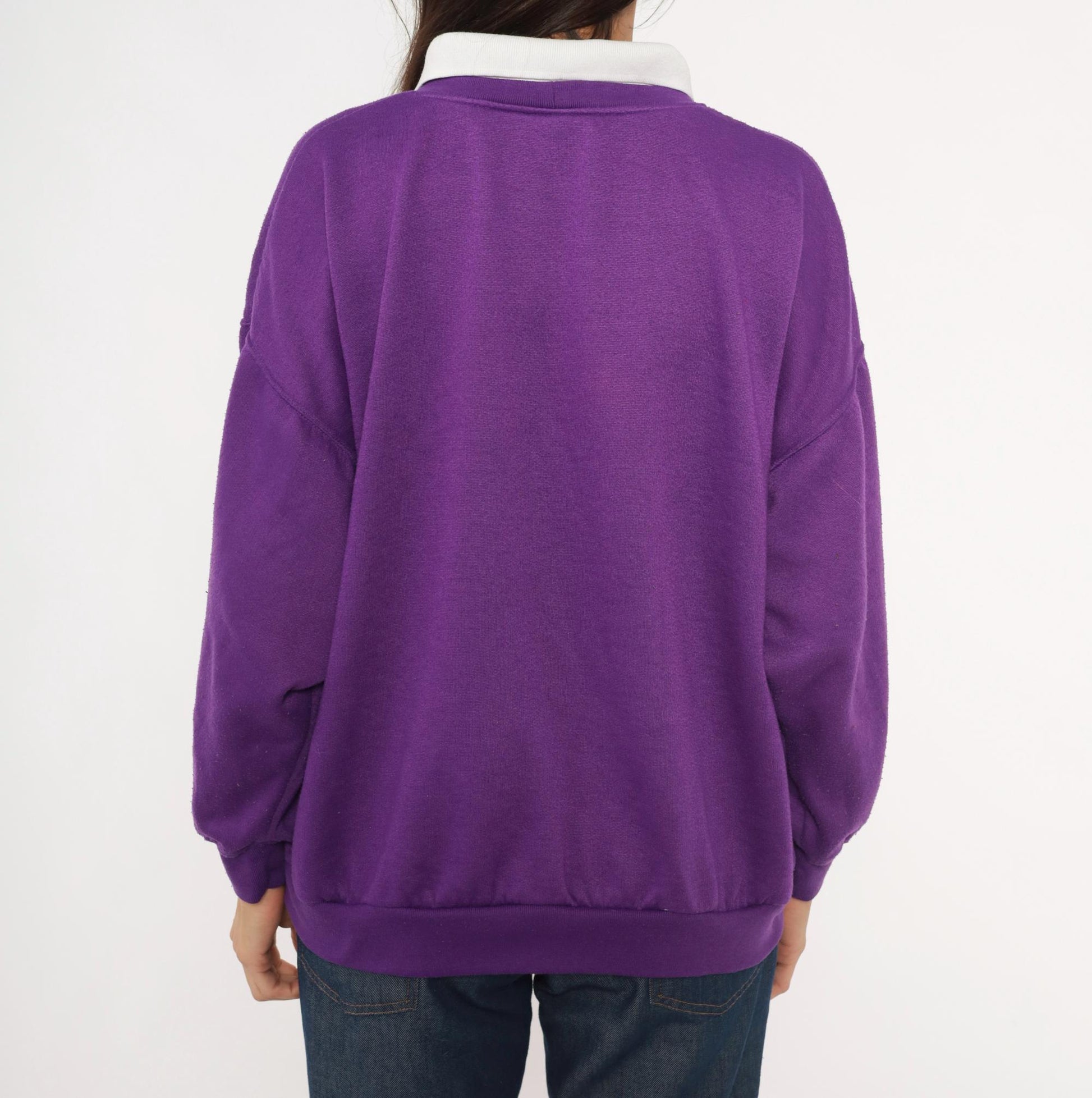 90s Purple Cat Collared Sweatshirt White Collar Plaid Bow Heart Panel Plus Size 1X