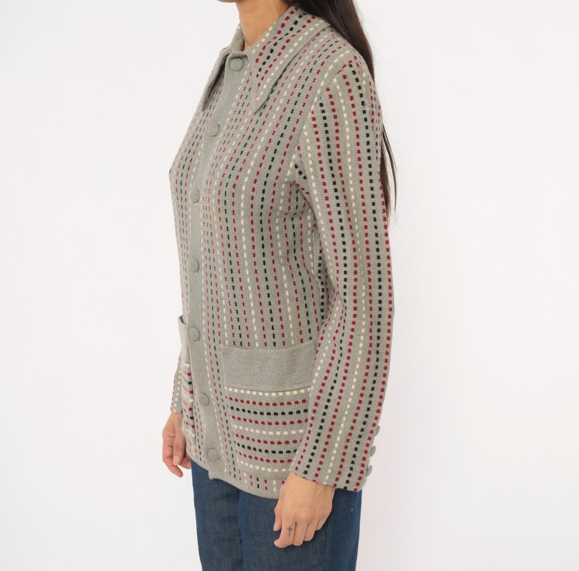 70s Damon Wool Cardigan Grey Dotted Stripe Burgundy Black Cream Medium M