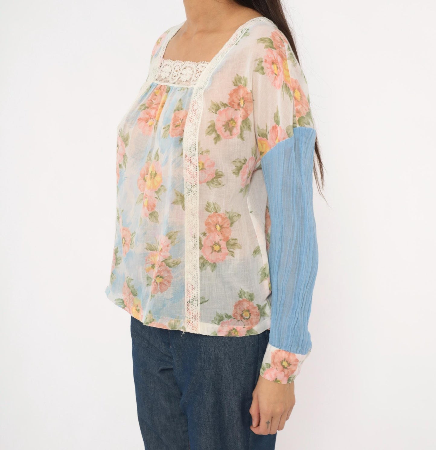 70s Arnelle of California Floral Peasant Blouse Pink Rose Cotton Gauze Medium