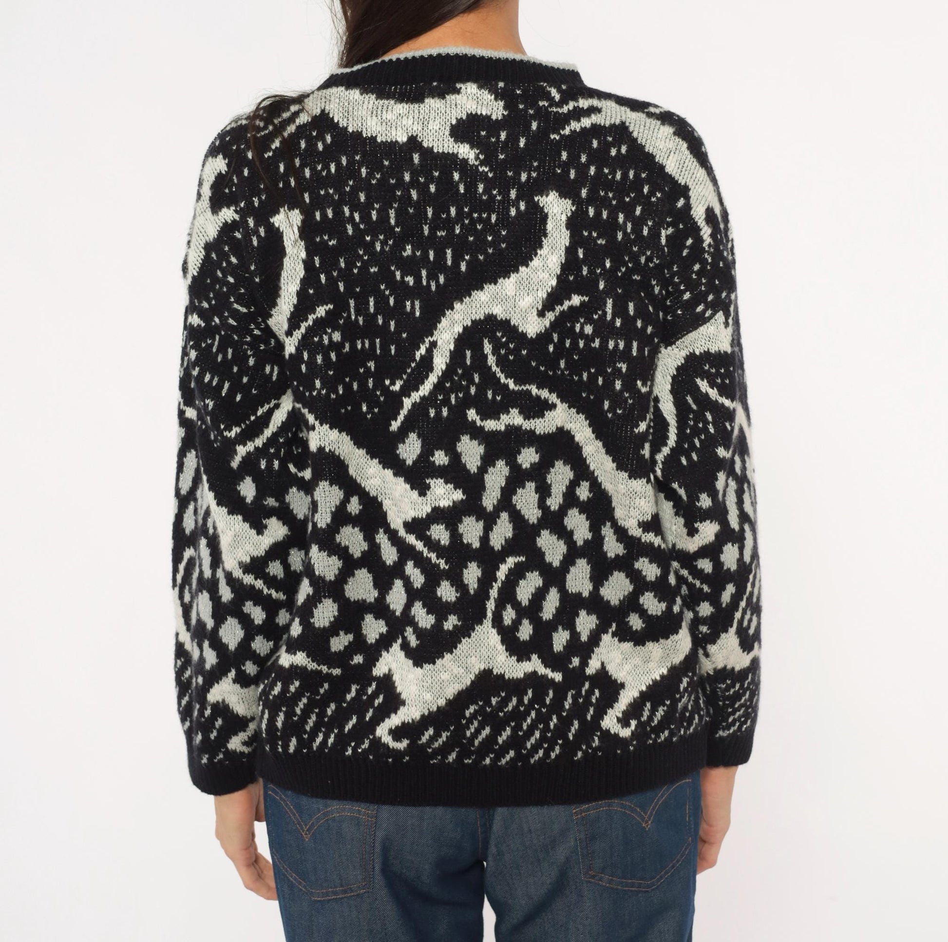 90s Arielle Greyhound Jacquard Knit Sweater Black Ivory Crewneck Large L