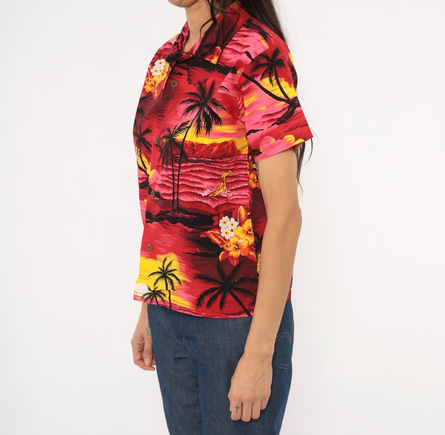 90s Palmwave Hawaii Camp Collar Shirt Red Pink Tropical Palm Tree Cotton Medium