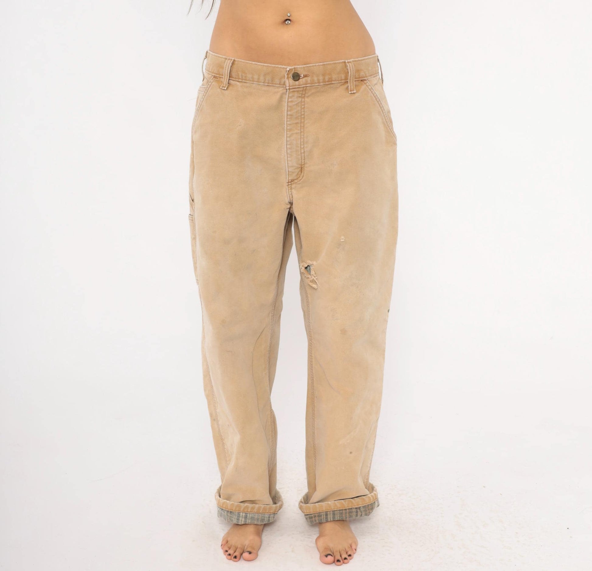 Carhartt Carpenter Pants Flannel Lined Canvas Straight Leg Tan Distressed Extra Large XL