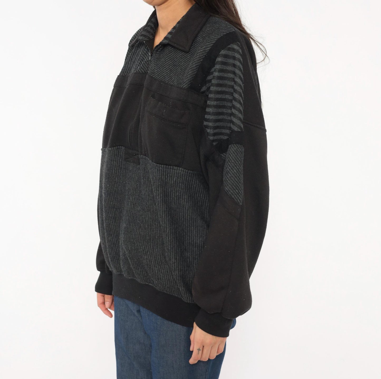 90s Alexxus Half-Zip Pullover Black Grey Patchwork Colorblock Sweatshirt Extra Large