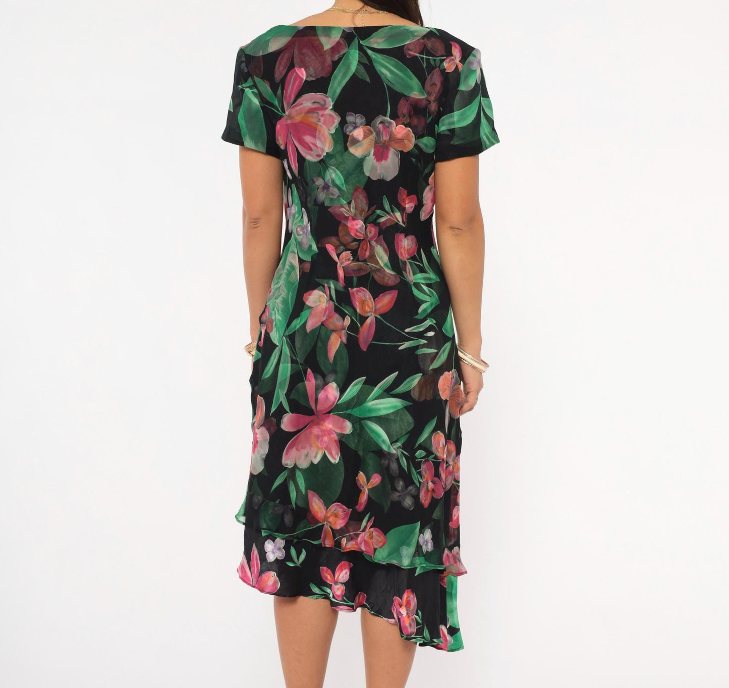 90s Donna Ricco Silk Dress Tropical Floral Black Cowl Neck Layered Hem Medium M