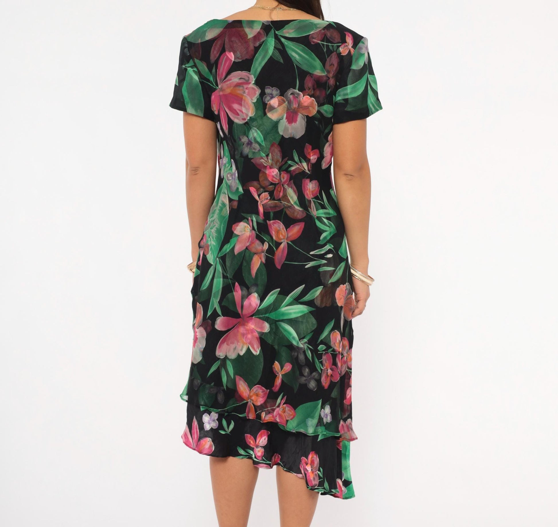 90s Donna Ricco Silk Dress Tropical Floral Black Cowl Neck Layered Hem Medium M