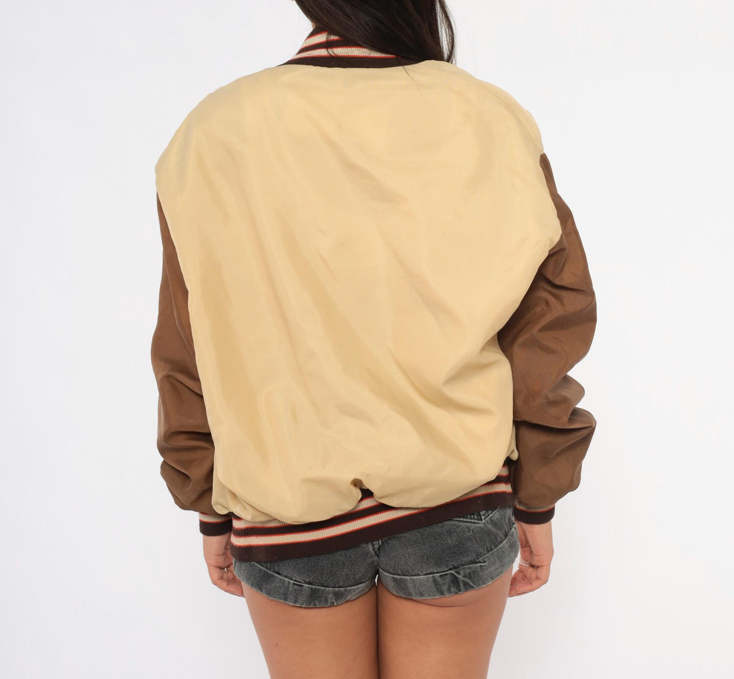 80s DeLong Sportswear Varsity Bomber Tan Brown Striped Nylon Windbreaker Extra Large XL