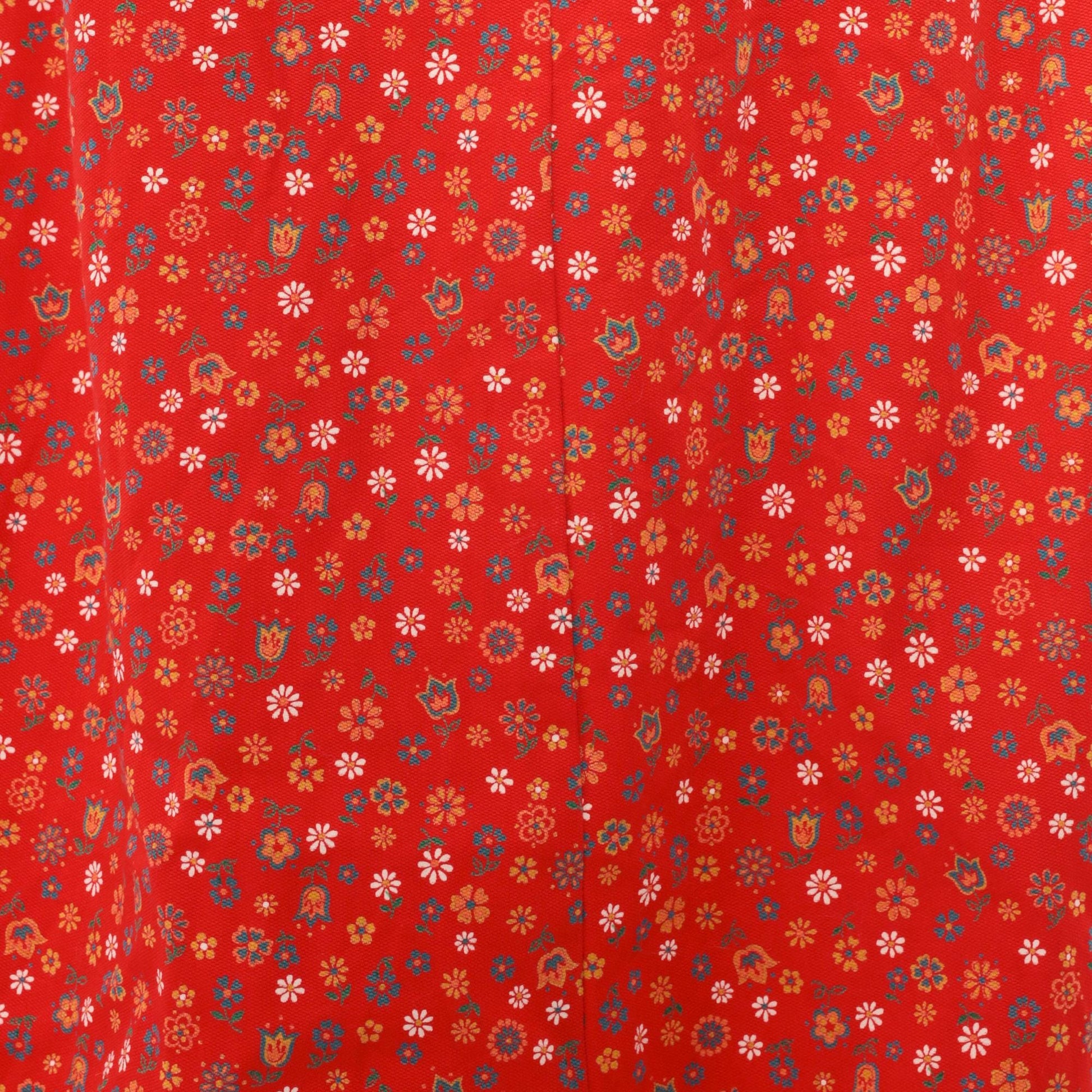 60s Red Ditsy Floral Cotton Shift Dress Eyelet Lace Cuff Knee-Length Small