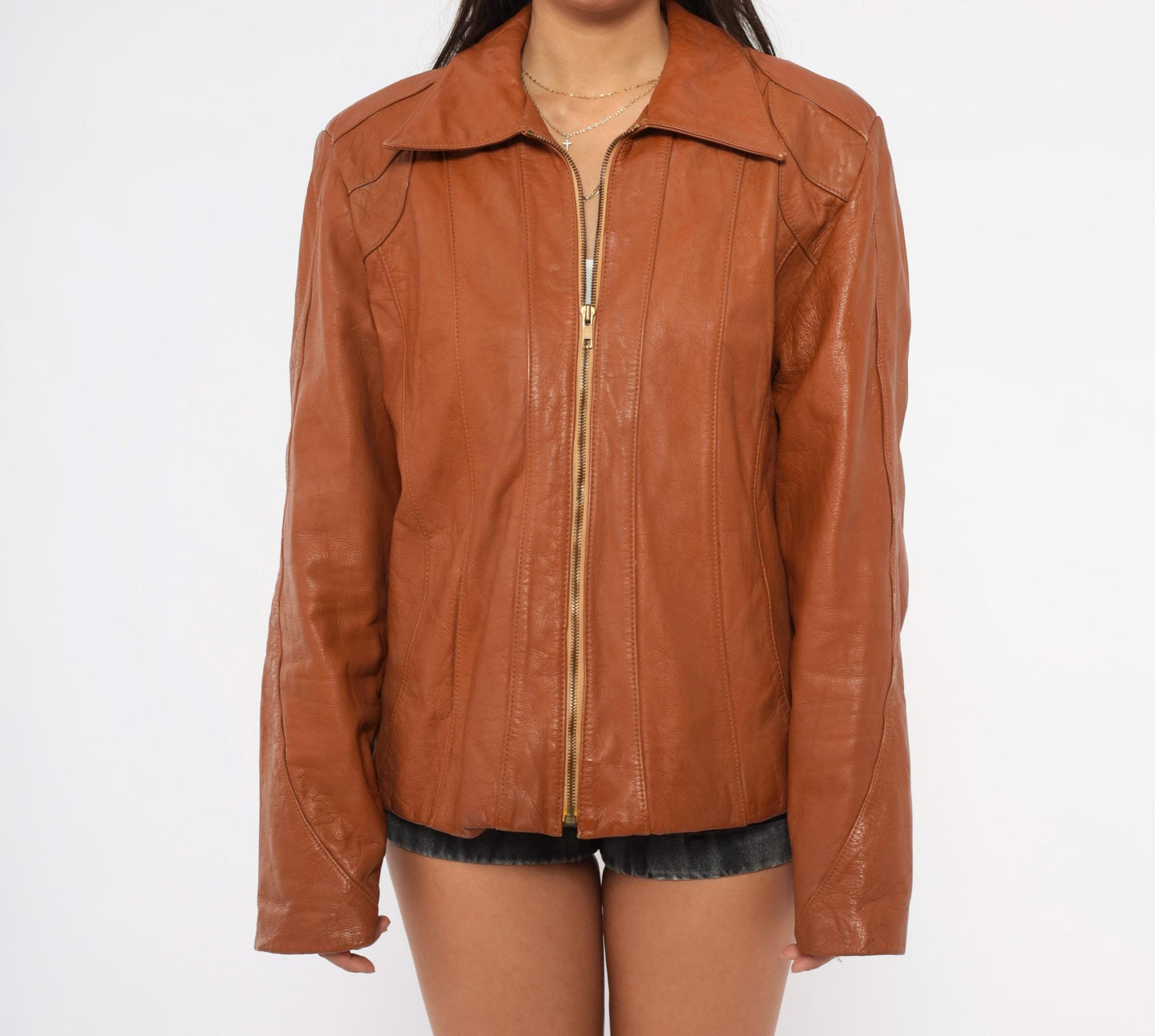 70s Ricaro Cognac Leather Jacket Western Scalloped Yoke Zip Bomber Extra Large XL