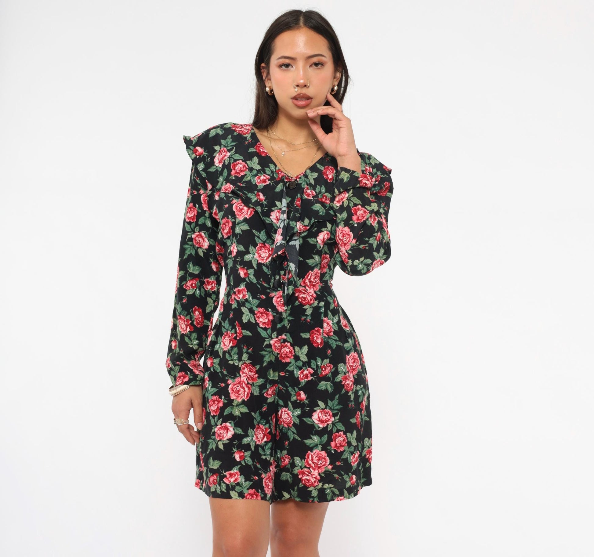 90s Rampage Rose Print Mini Dress Black Floral V-Neck Ruffle Long Sleeve Small