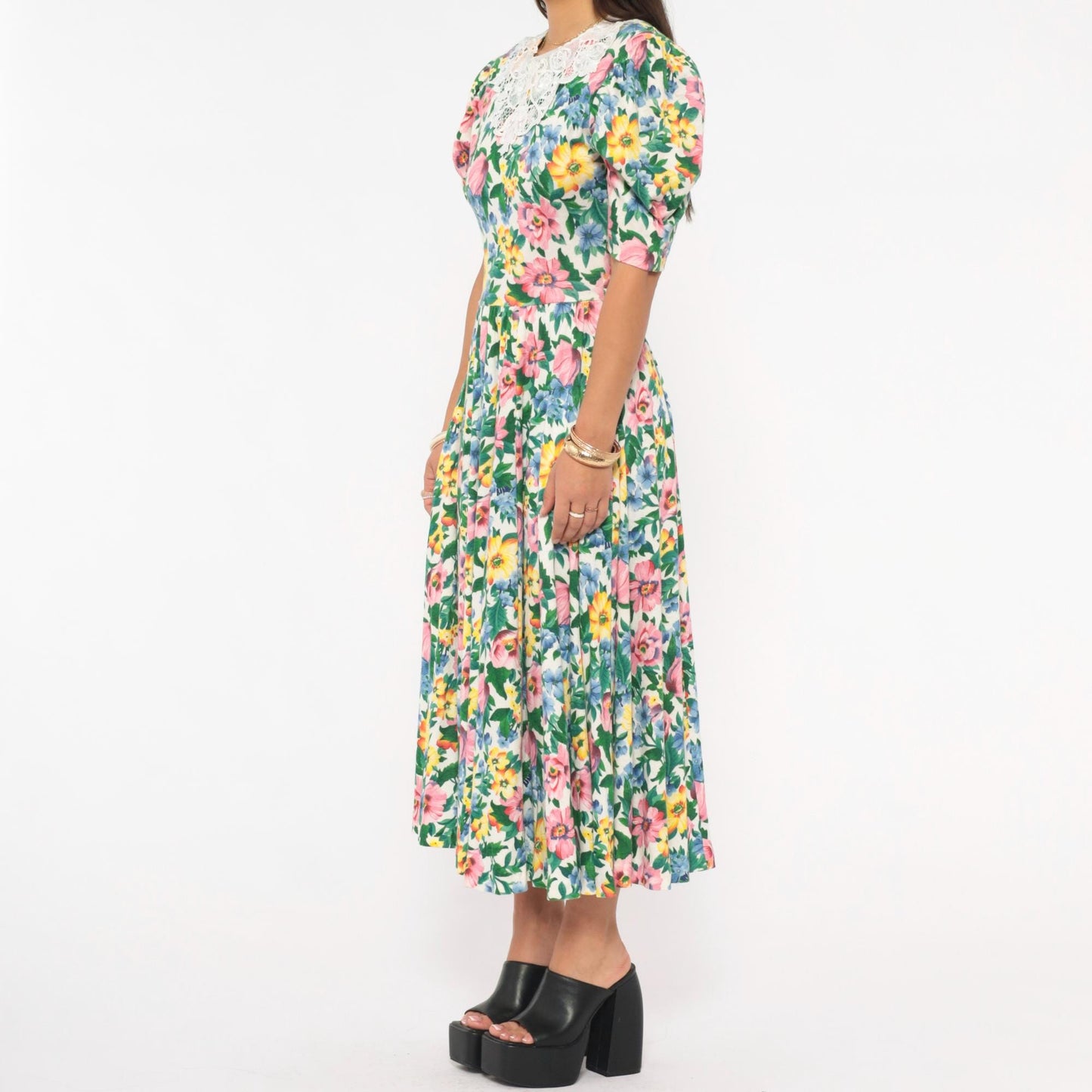 90s Expo Floral Midi Dress Puff Sleeve Lace Collar Cream Multicolor Small