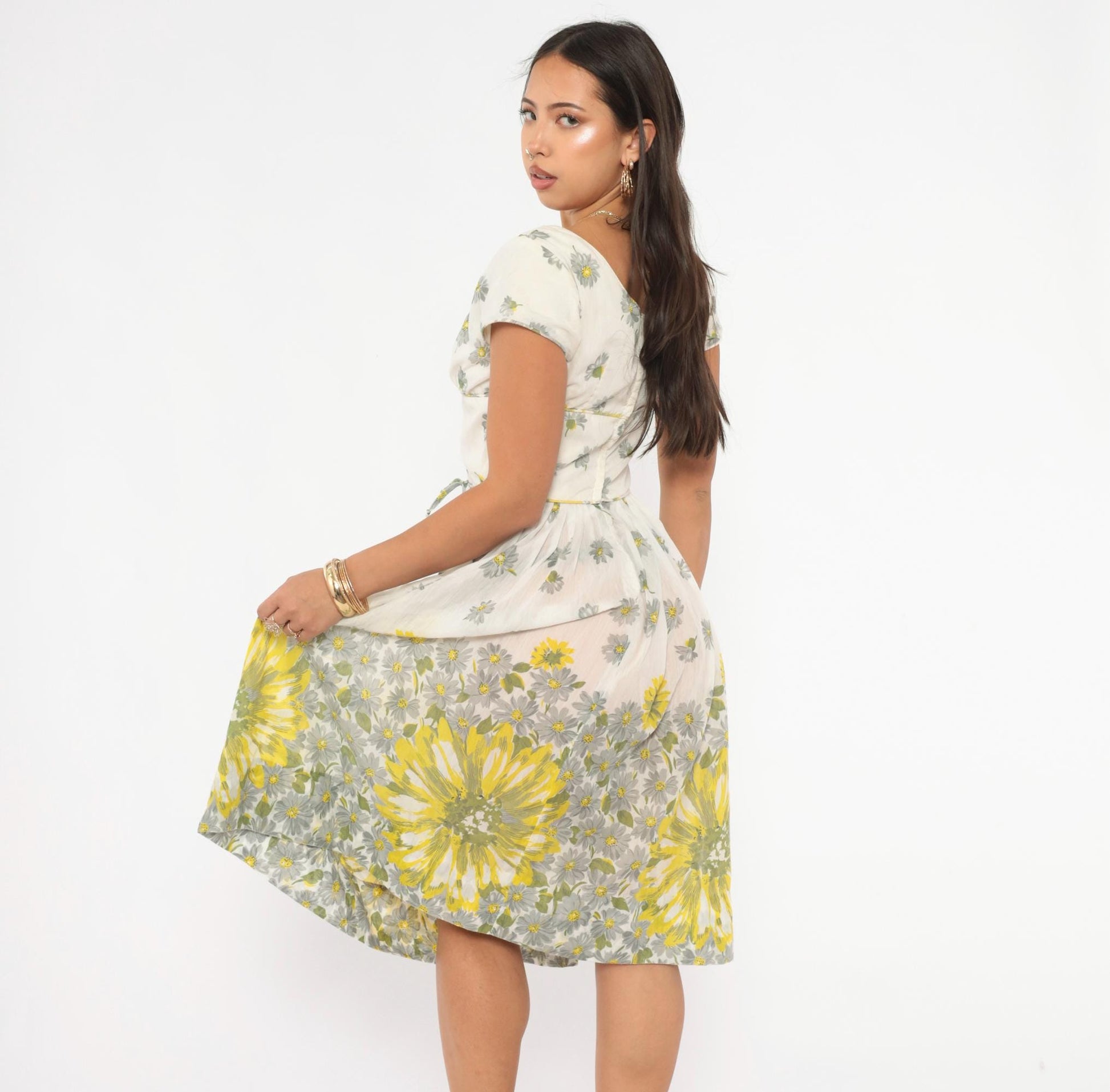 60s Daisy Print Fit And Flare Dress White Yellow Cotton Cap Sleeve Extra Small XS