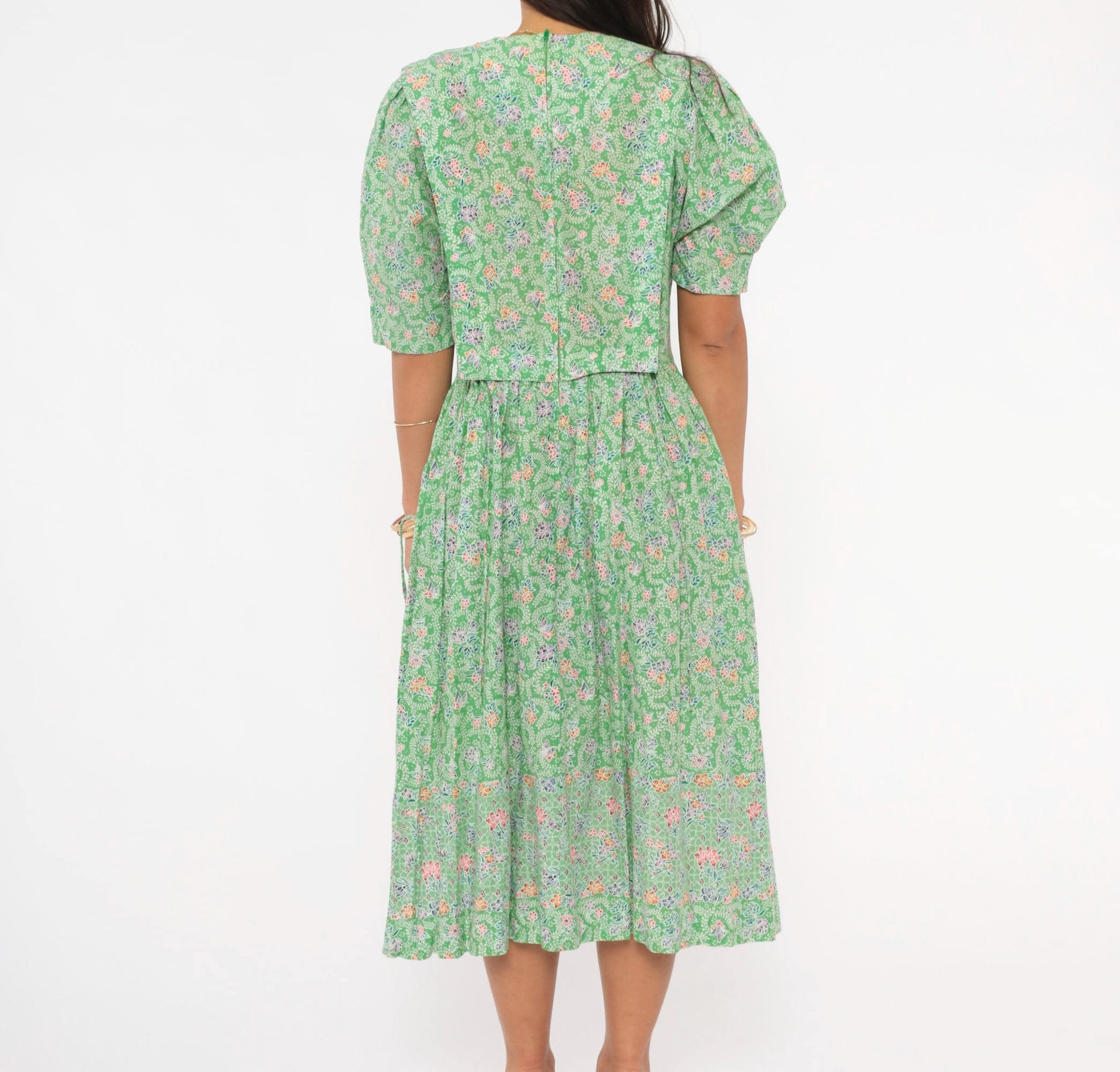 70s Jane Schaffhausen Floral Midi Dress Puff Sleeve Cotton Green Botanical Medium M