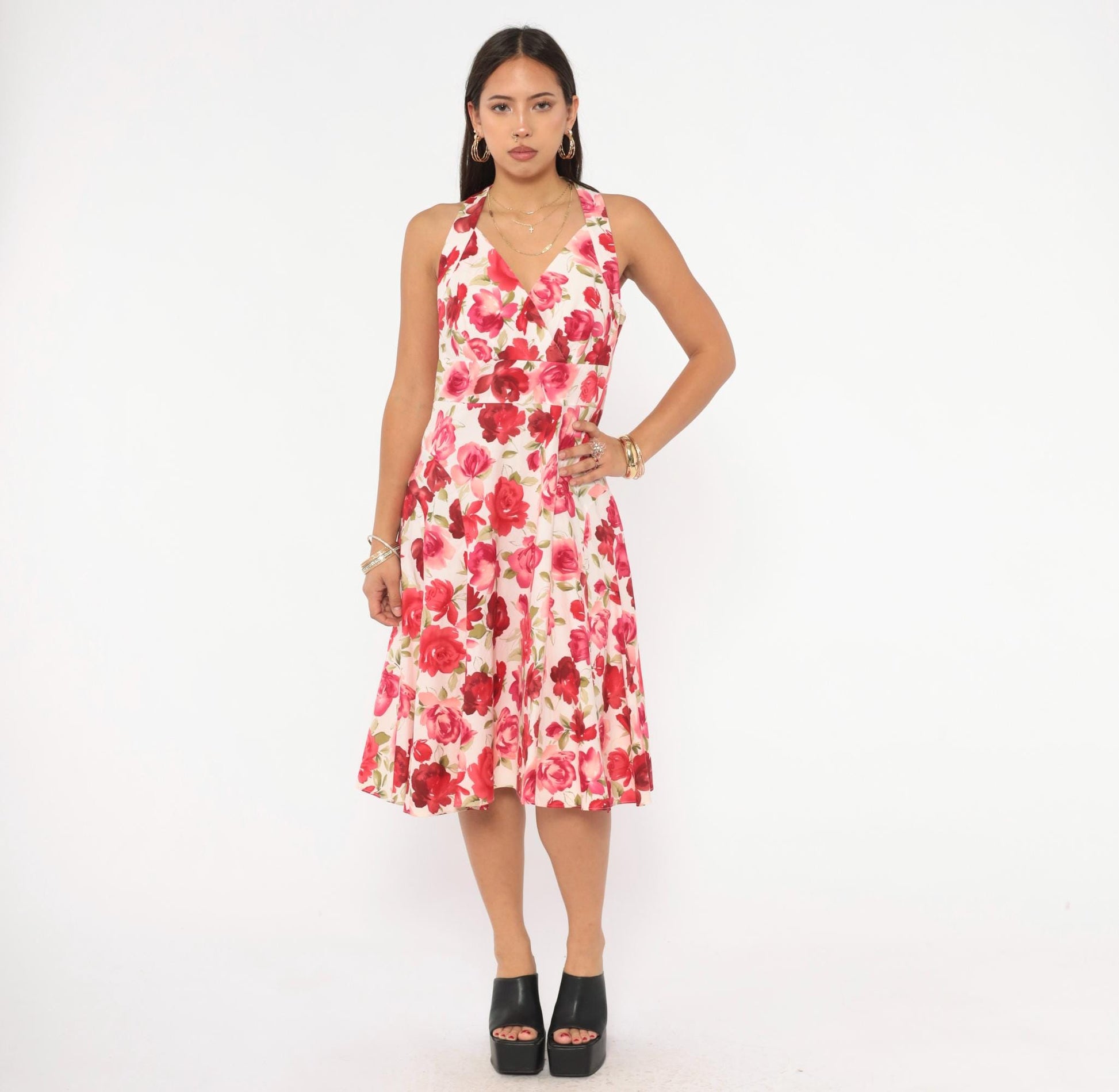 Y2K Talbots Rose Floral Halter Dress Cream Pink Red Knee-Length Medium M