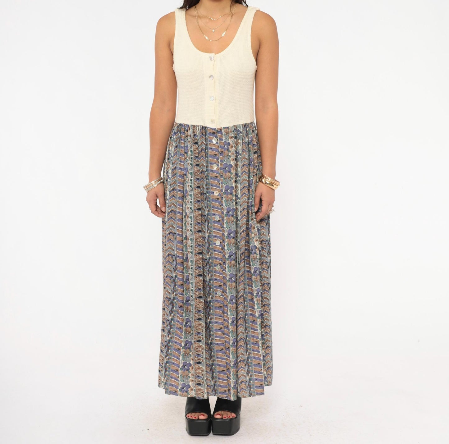 90s Ultimate Blues Maxi Dress Cream Waffle Knit Floral Skirt Medium