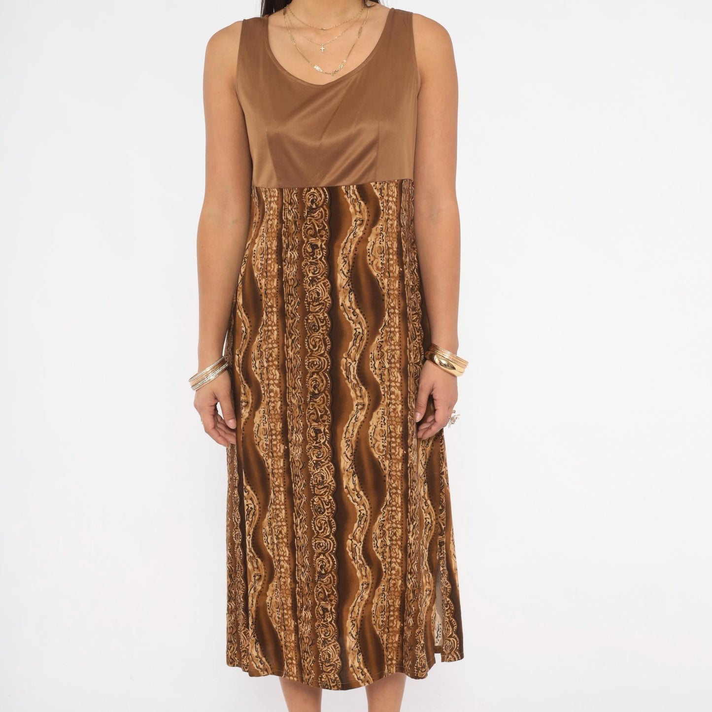 90s Molly Malloy Midi Dress Brown Tan Tribal Print Empire Waist Small