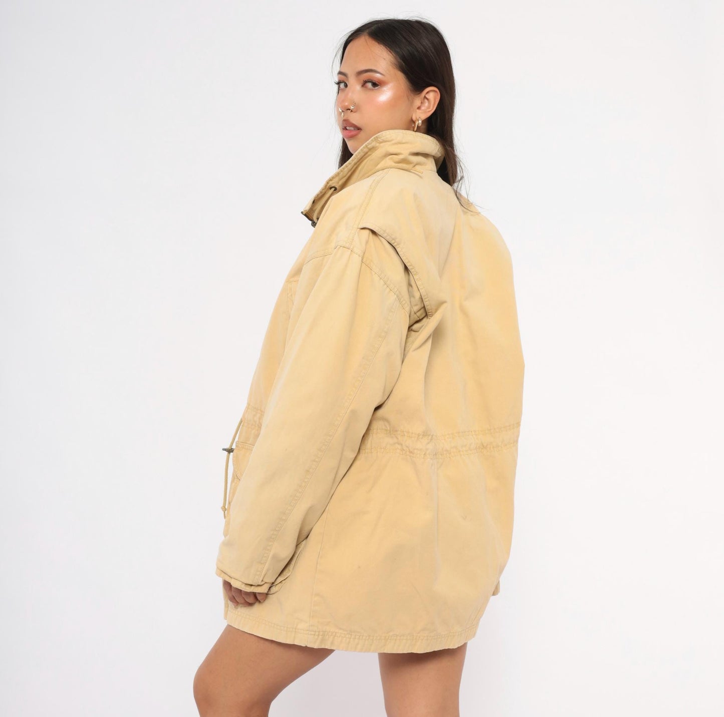 90s World Adventure Wolverine Tan Parka Cargo Jacket High Collar Small Petite