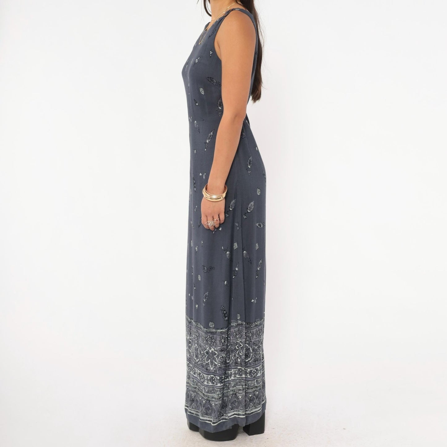 90s CDC Grey Floral Maxi Dress Tie Back Tank Small S