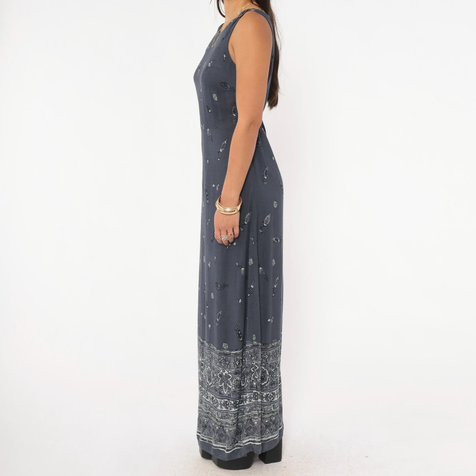 90s CDC Grey Floral Maxi Dress Tie Back Tank Small S