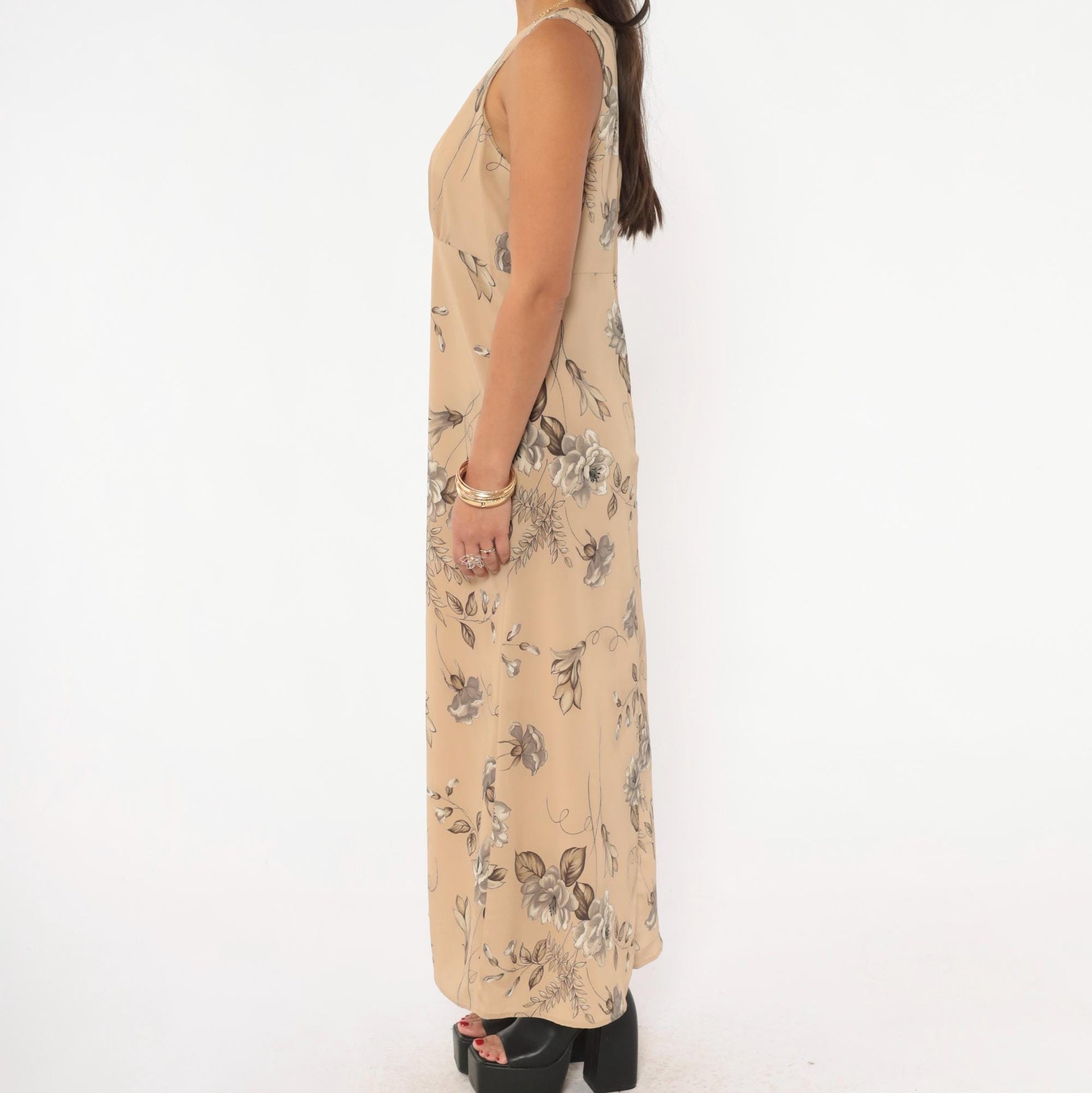 90s Byer Too! Floral Maxi Dress Beige Taupe Sleeveless Medium M