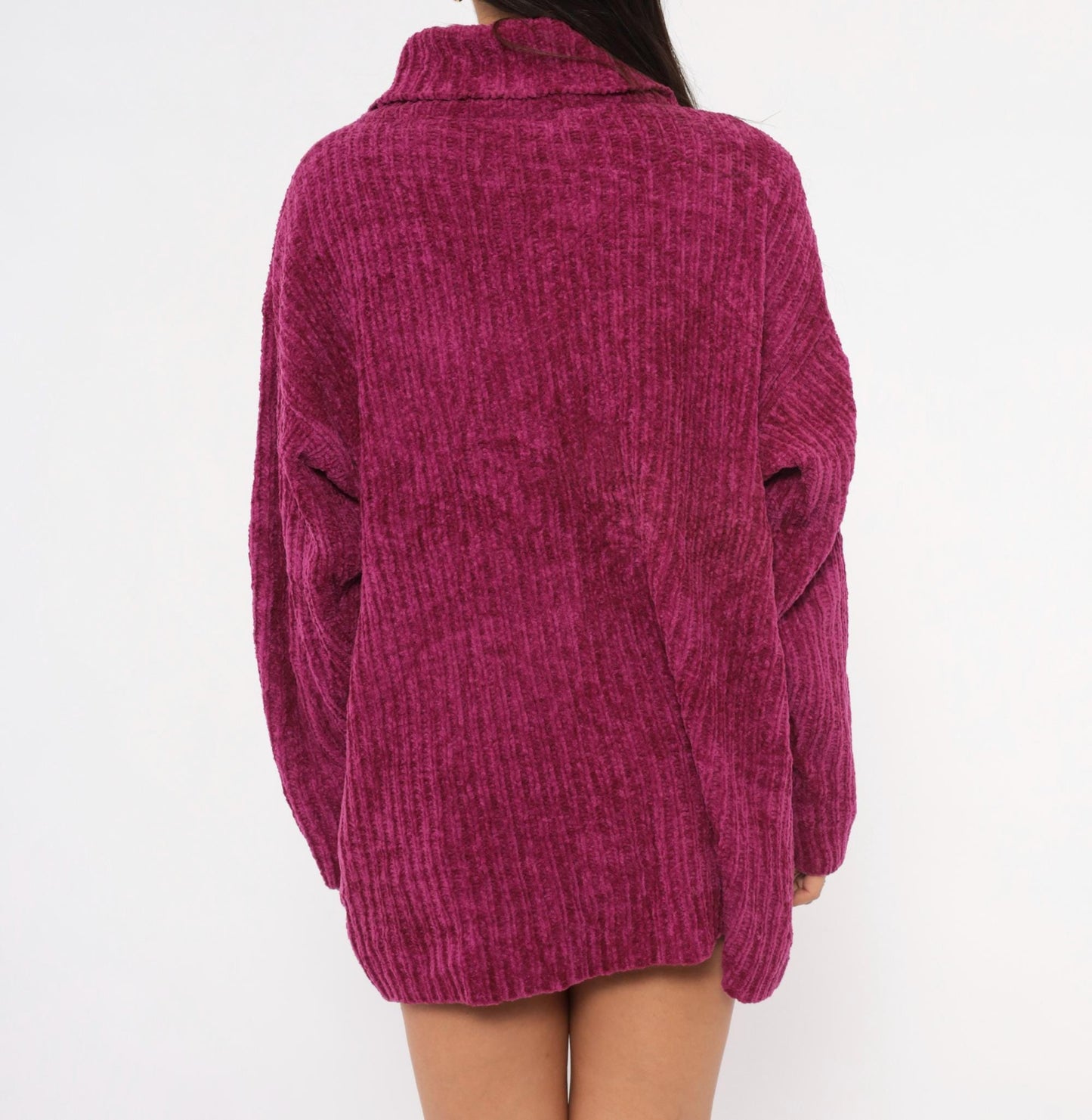 80s Knitwear Magenta Chenille Turtleneck Ribbed Knit Sweater Large L