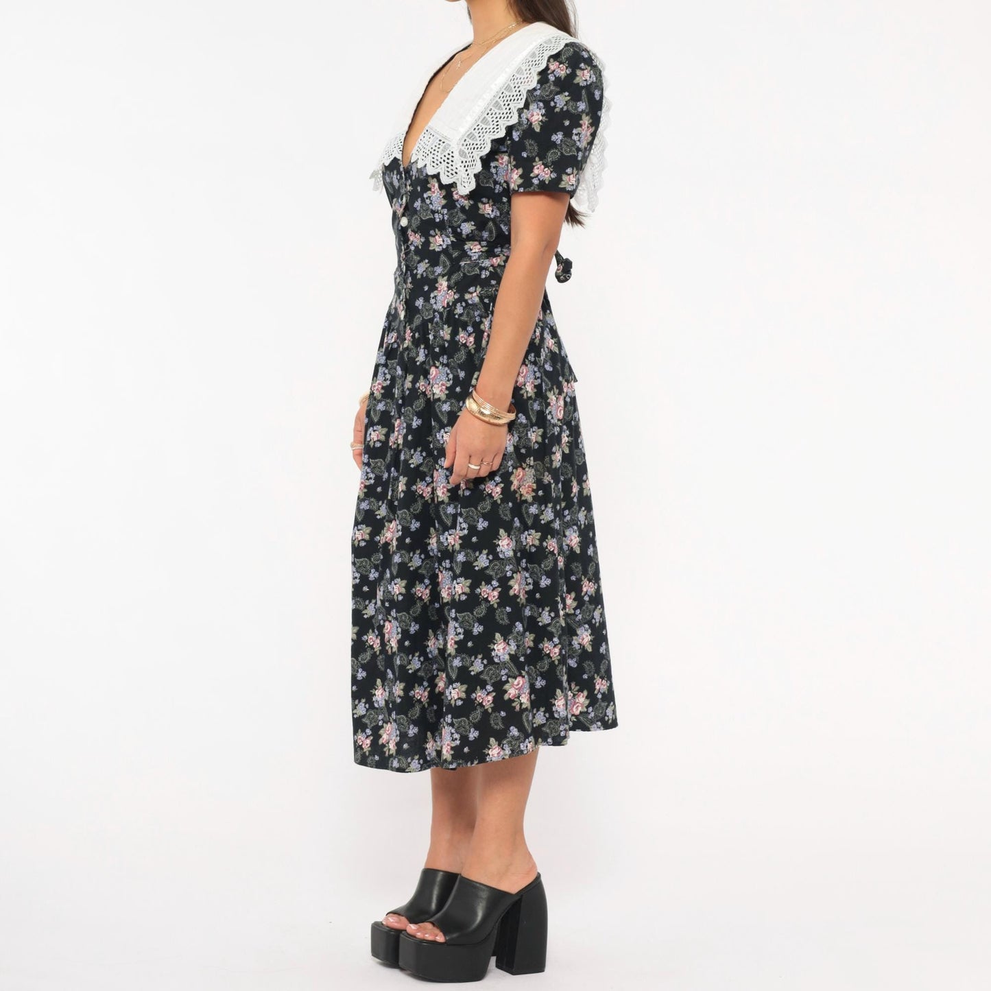 80s Eber Navy Floral Midi Dress Lace Collar Cotton Paisley Medium M