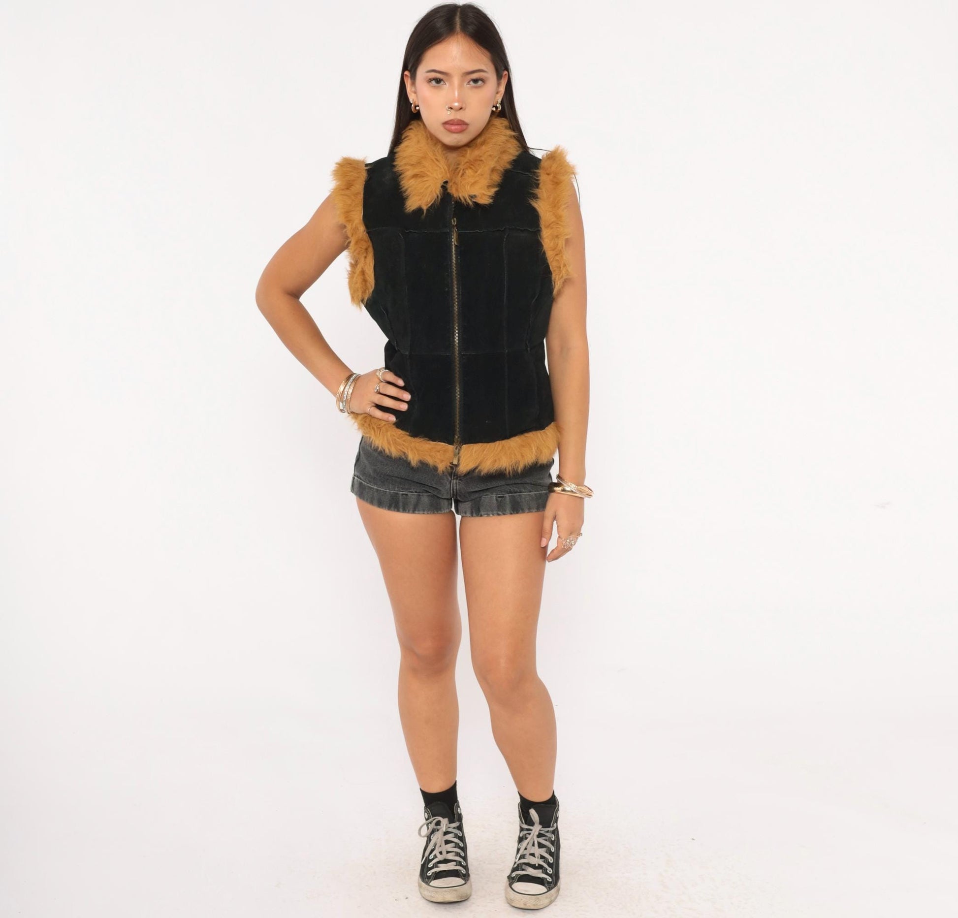 Y2K Jennyfer J Black Leather Vest Tan Faux Fur Trim Zip Front Medium