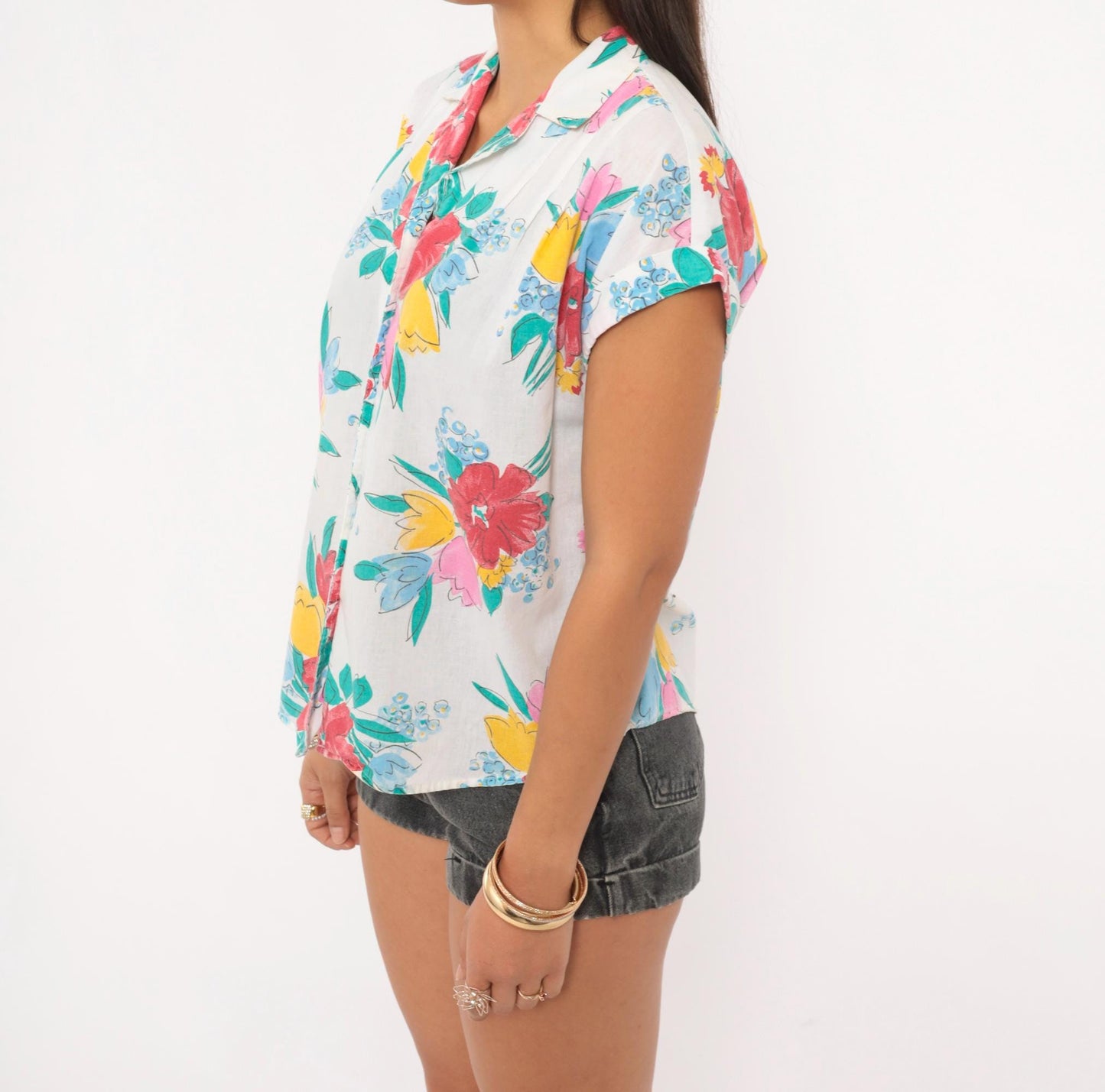 80s Cabrais Floral Button-Up Blouse White Camp Collar Cotton Medium M