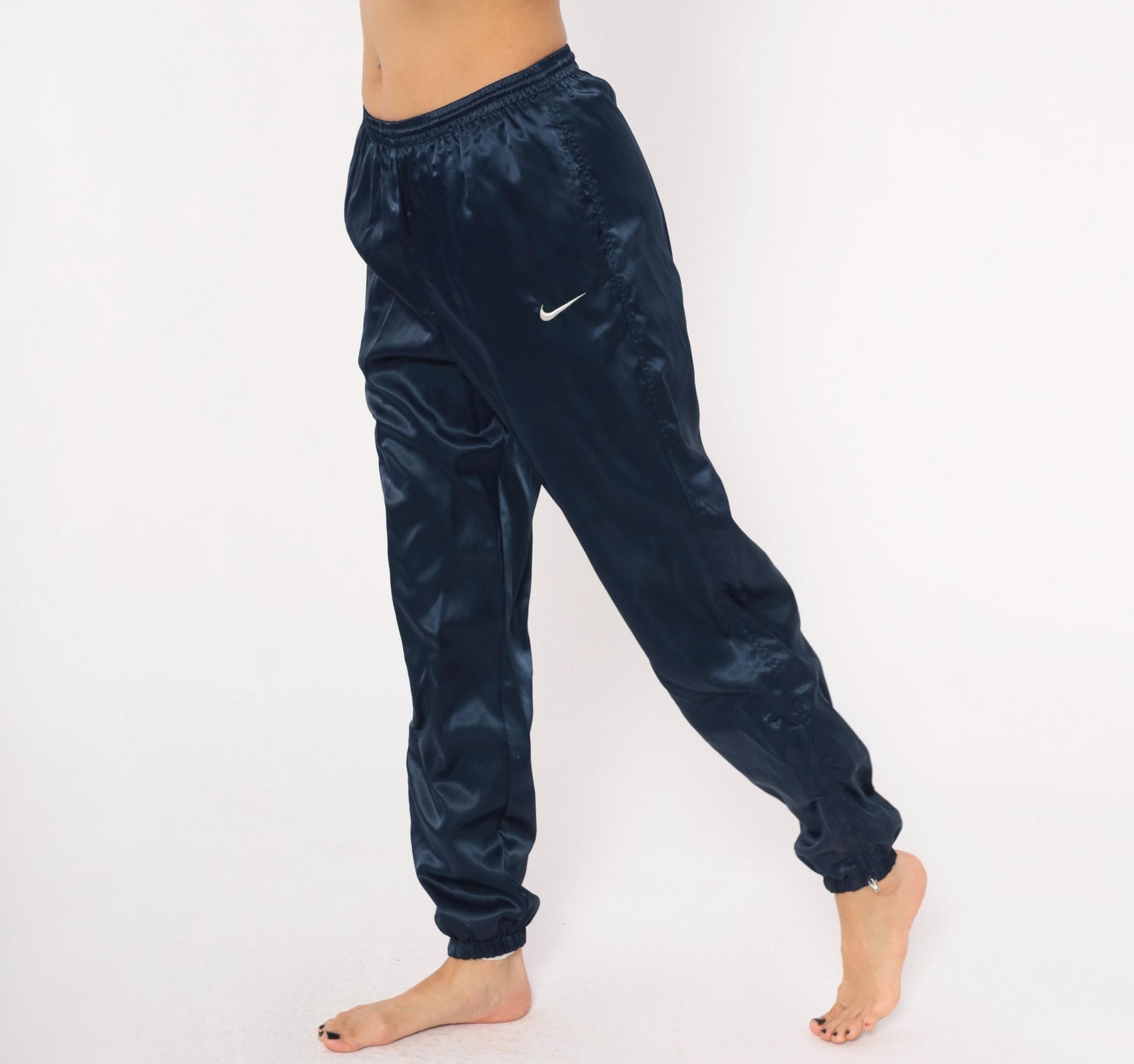90s Nike Navy Satin Track Pants Swoosh Logo Elastic Waist Small S