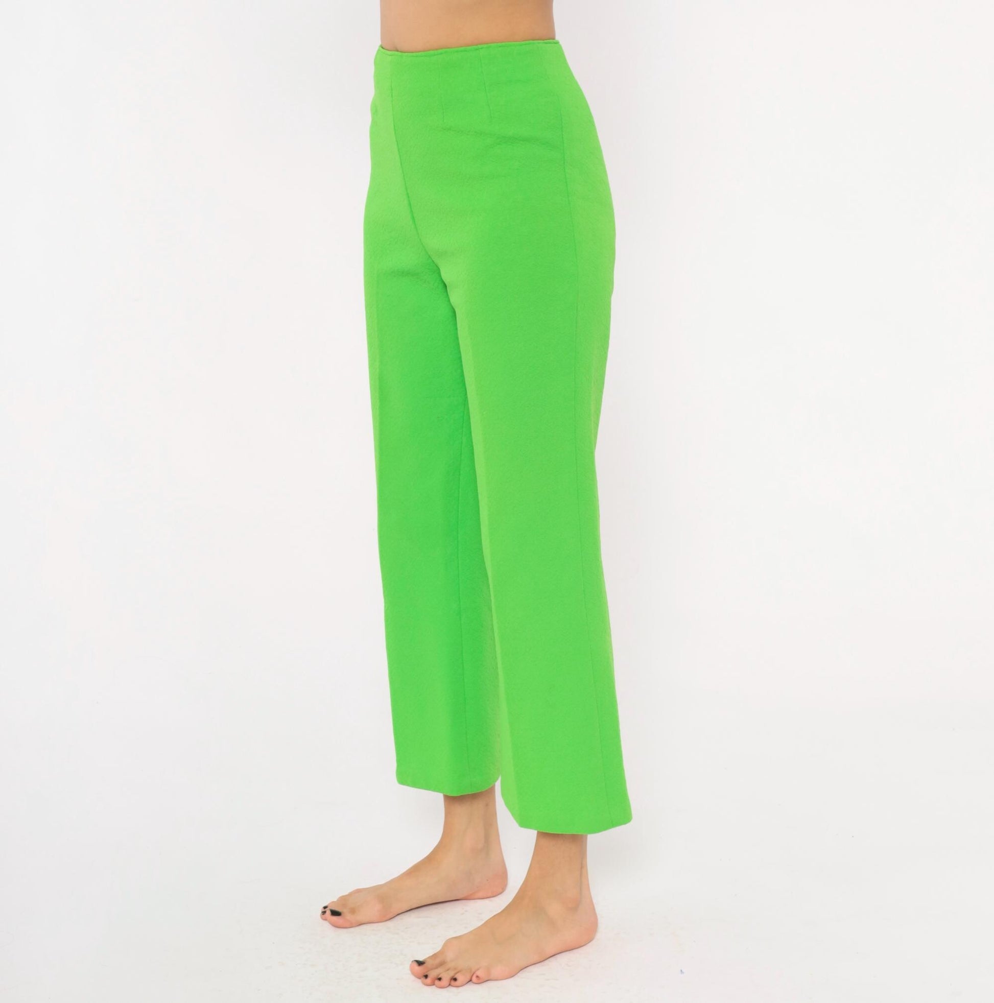 70s Lime Green High-Waist Wide Leg Flare Pants Ankle Length Small S