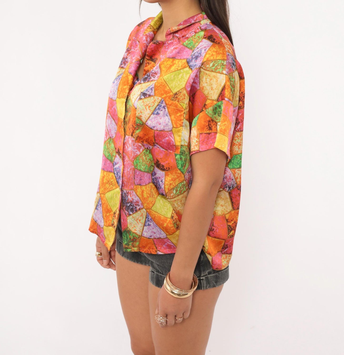 2000s Mosaic Stained Glass Camp Collar Shirt Geometric Blouse Large L
