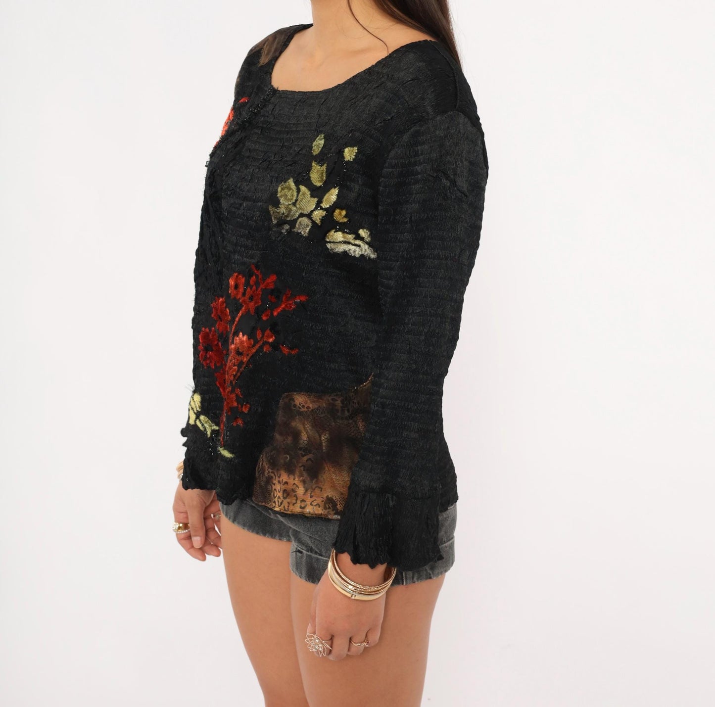 Alberto Makali 2000s Black Knit Top Red Velvet Floral Bell Sleeve Extra Large XL