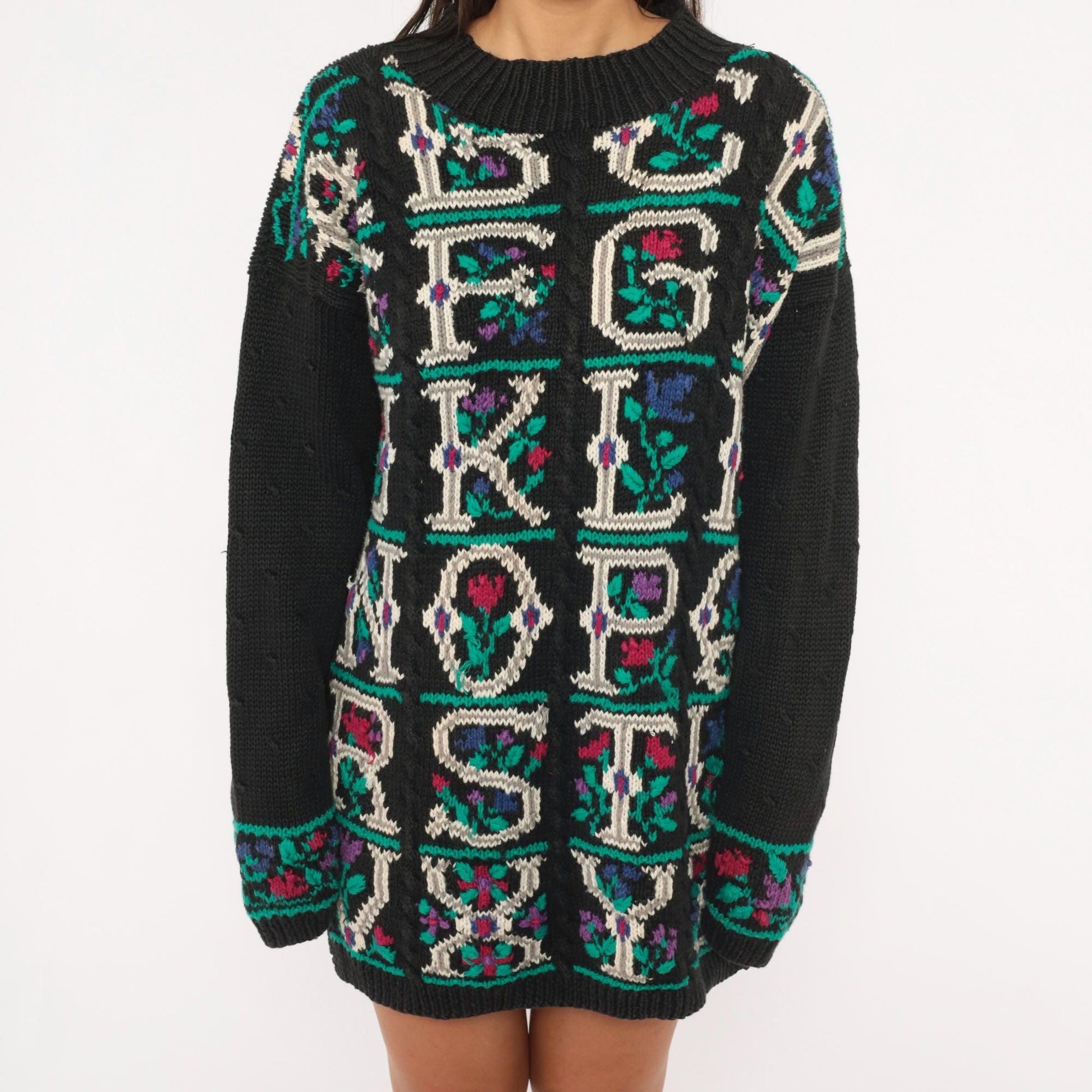 90s Signatures Black Alphabet Floral Knit Sweater Cable Knit Pullover Small S