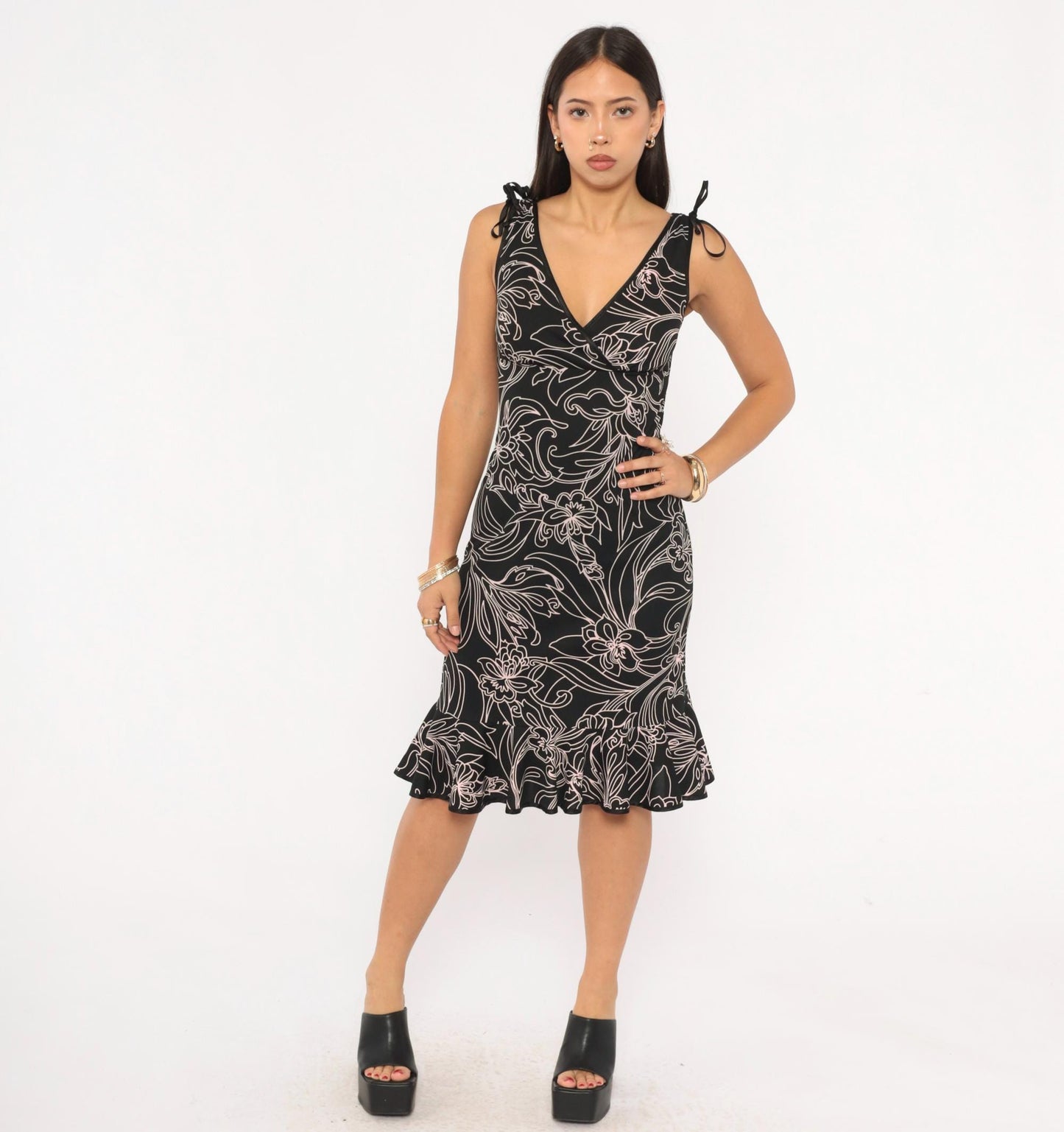 Y2K City Triangles Black Floral Wrap Dress Pink Line Drawing Knee Length Small