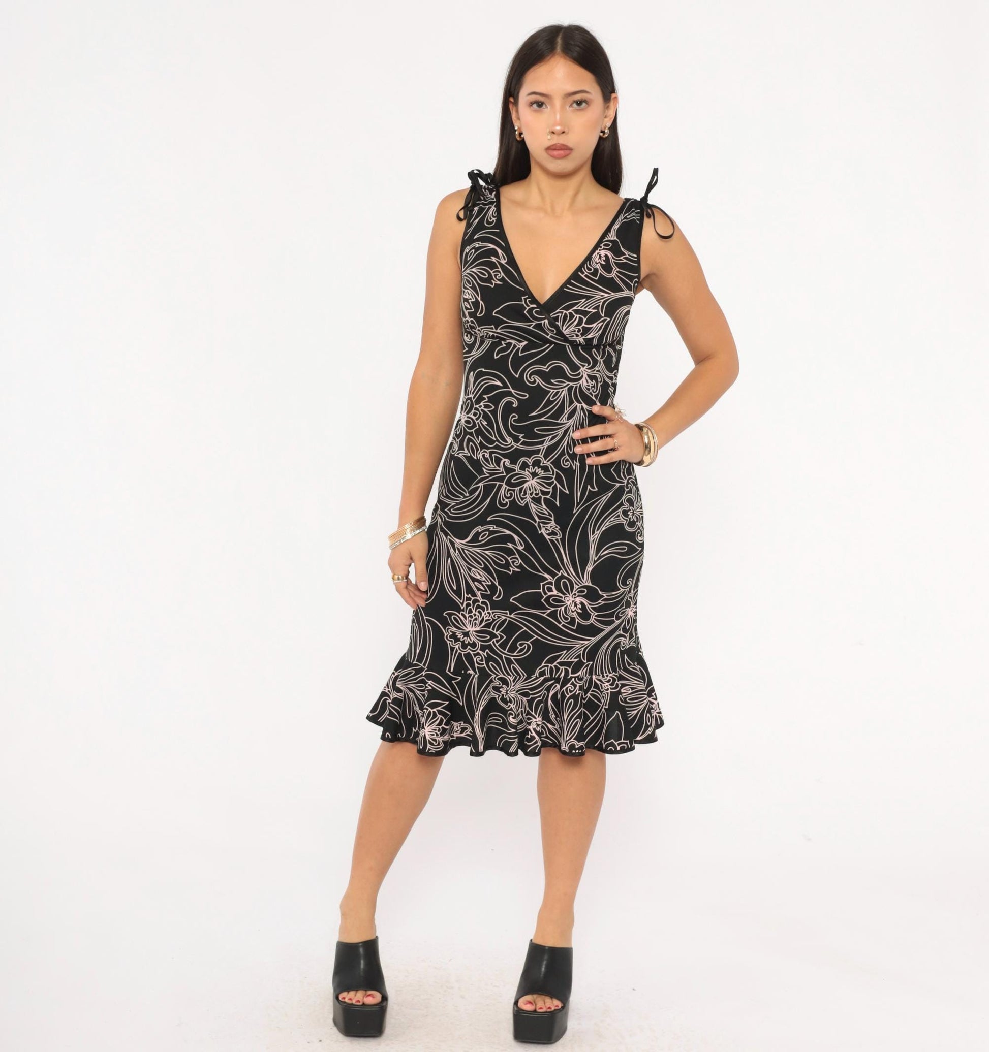 Y2K City Triangles Black Floral Wrap Dress Pink Line Drawing Knee Length Small