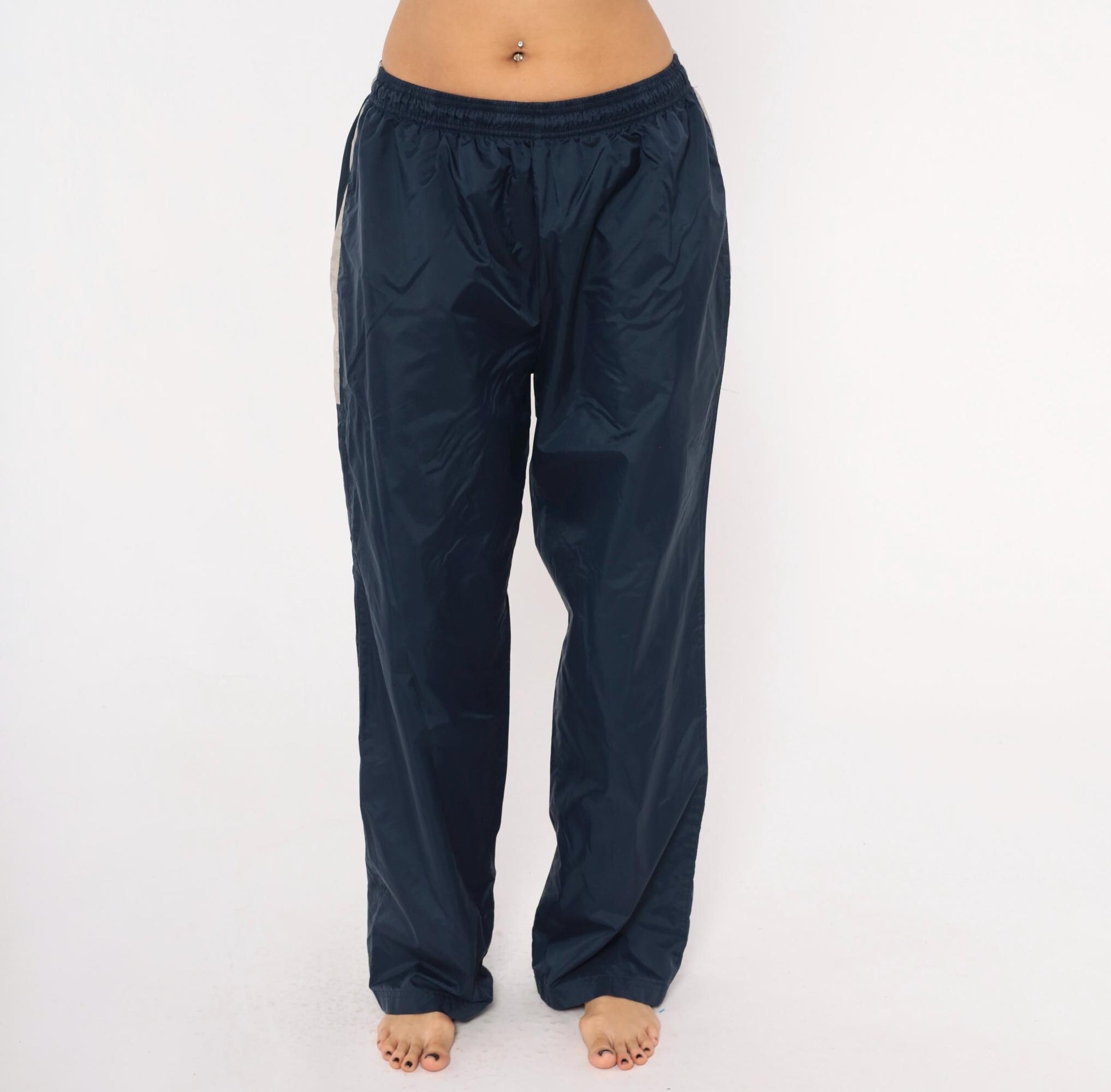 90s Reebok Navy Track Pants Nylon Elastic Waist Straight Leg Large L