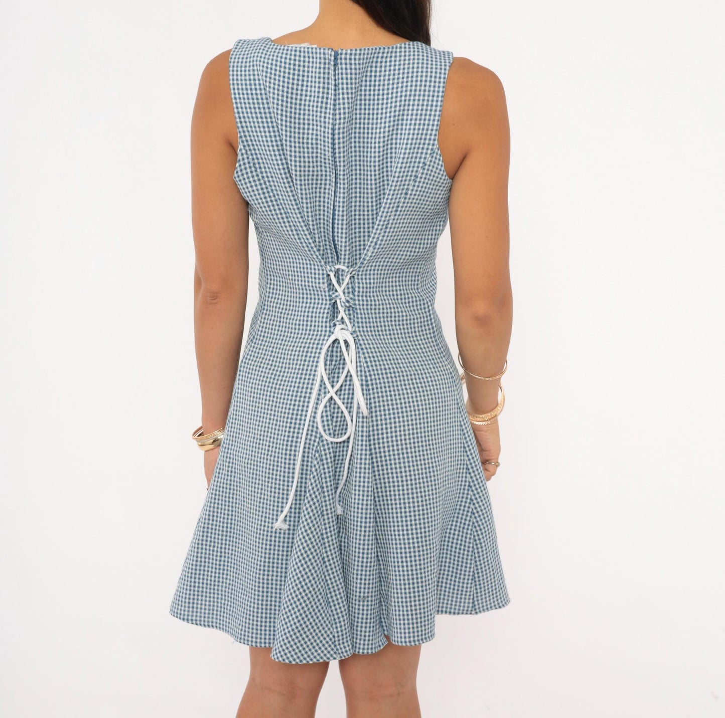 90s Especially Yours Gingham Mini Dress Blue White Lace-Up Back Medium