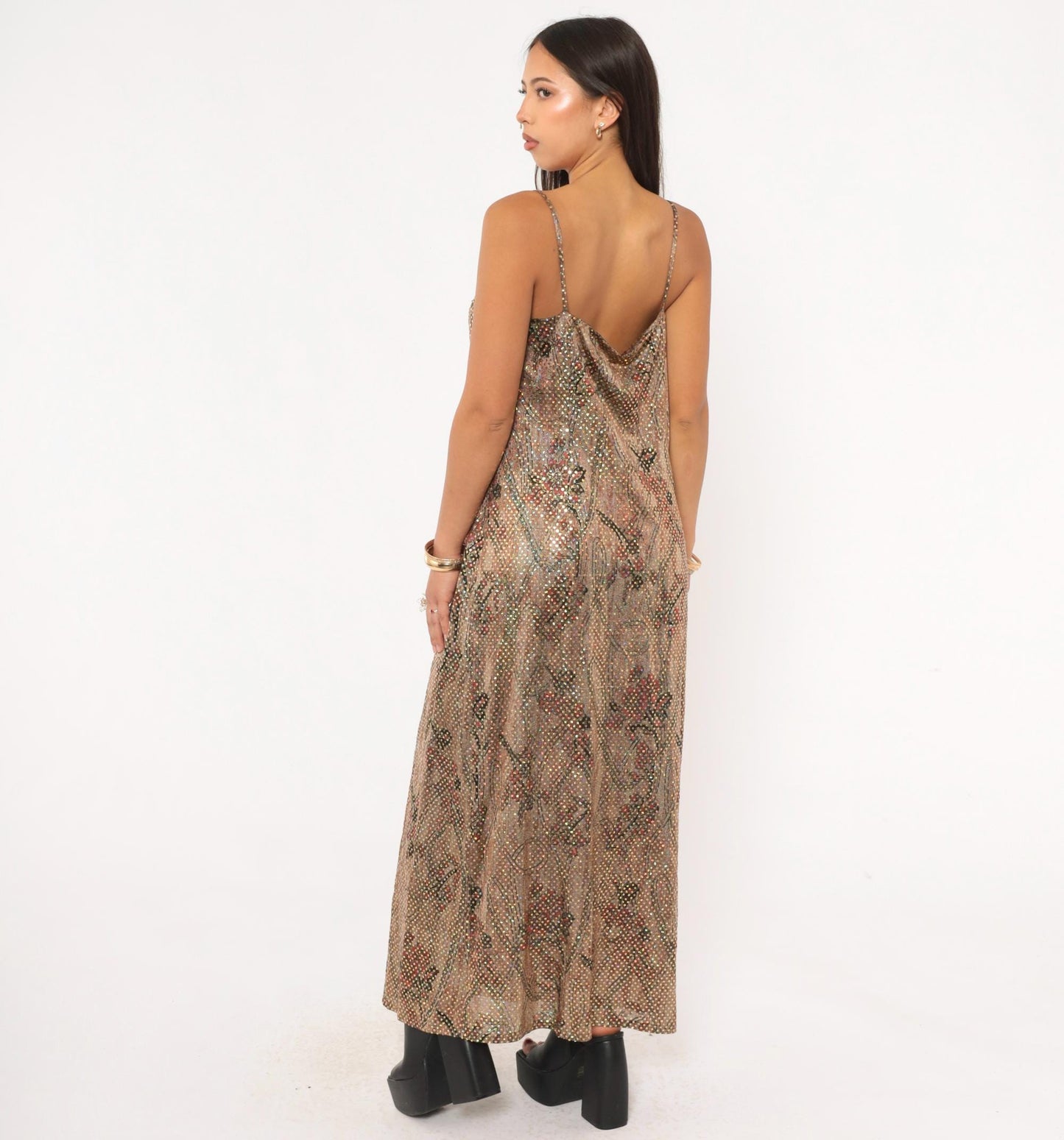 90s Metallic Shimmer Maxi Slip Dress Tan Burgundy Floral Gold Spaghetti Strap Large L