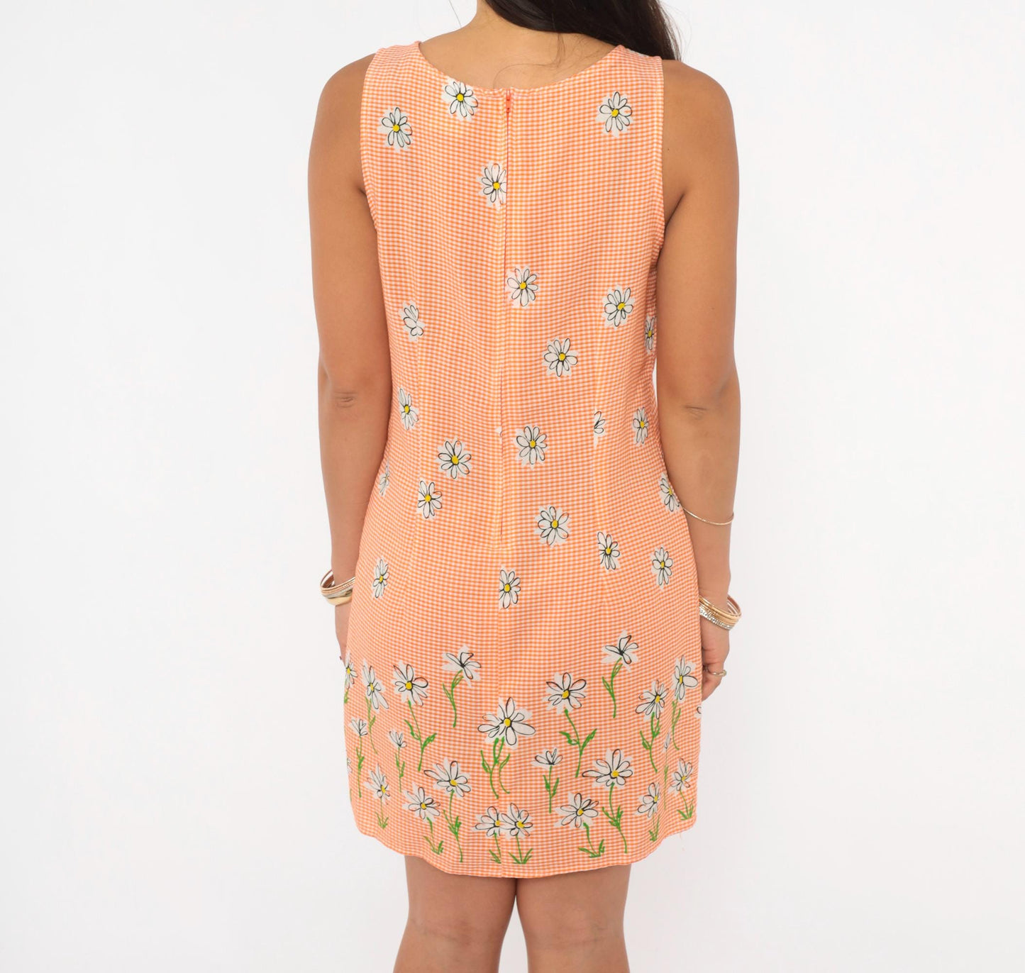 90s California Concepts Gingham Daisy Shift Dress Orange White Mini Small