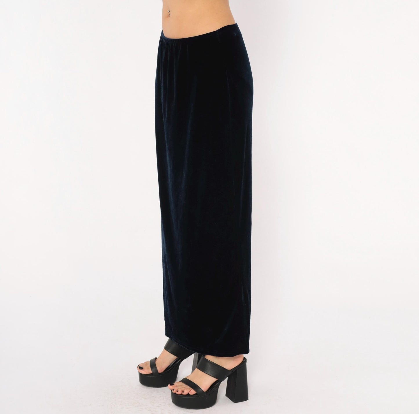 90s Navy Velvet Maxi Skirt Straight Column Ankle Length Medium Large