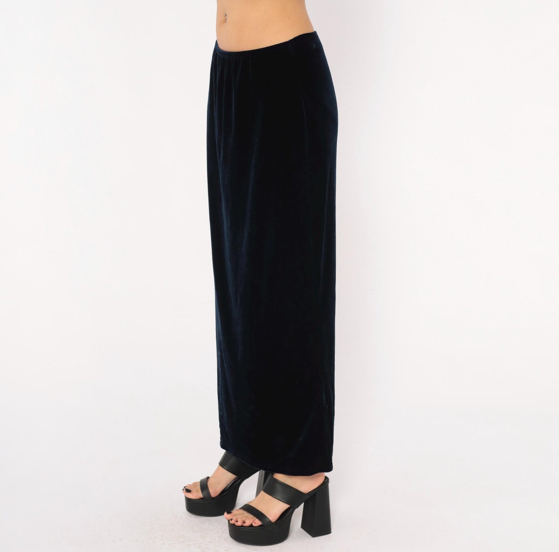 90s Navy Velvet Maxi Skirt Straight Column Ankle Length Medium Large