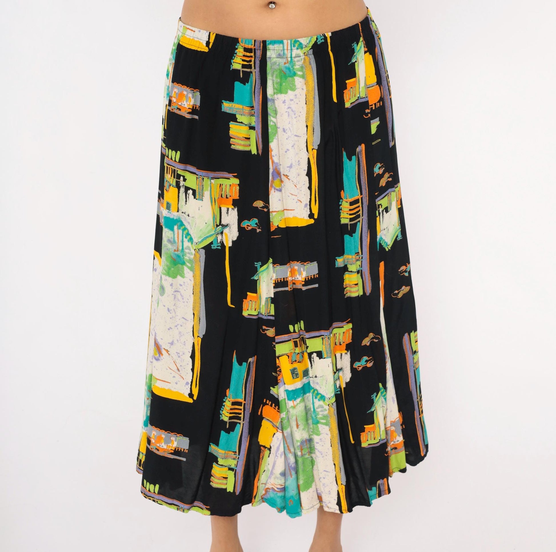 90s Sharon Anthony Maxi Skirt Cityscape Print Black Teal Orange Extra Large