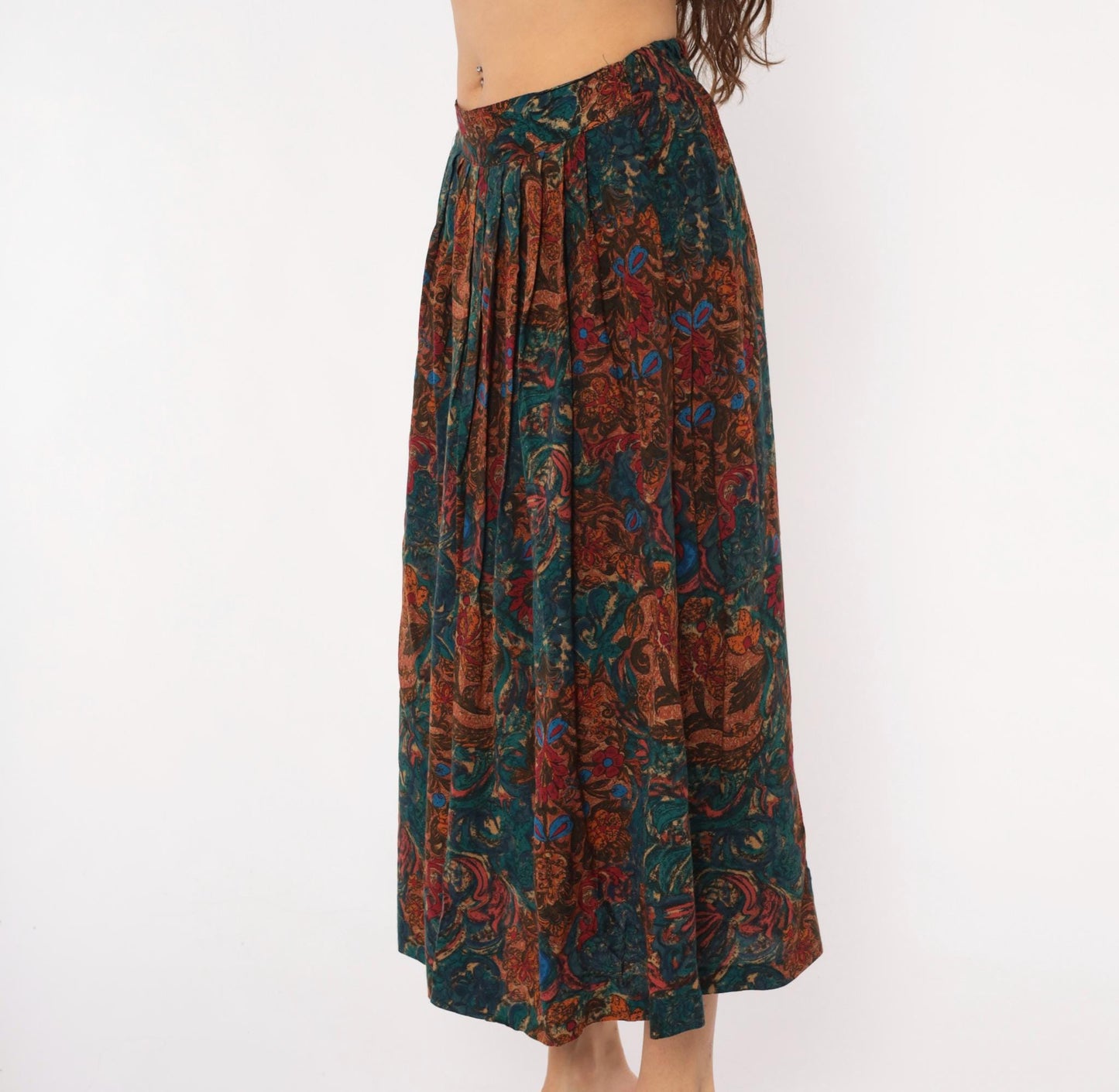 80s Ambiance New York Paisley Pleated Midi Skirt Teal Rust Small