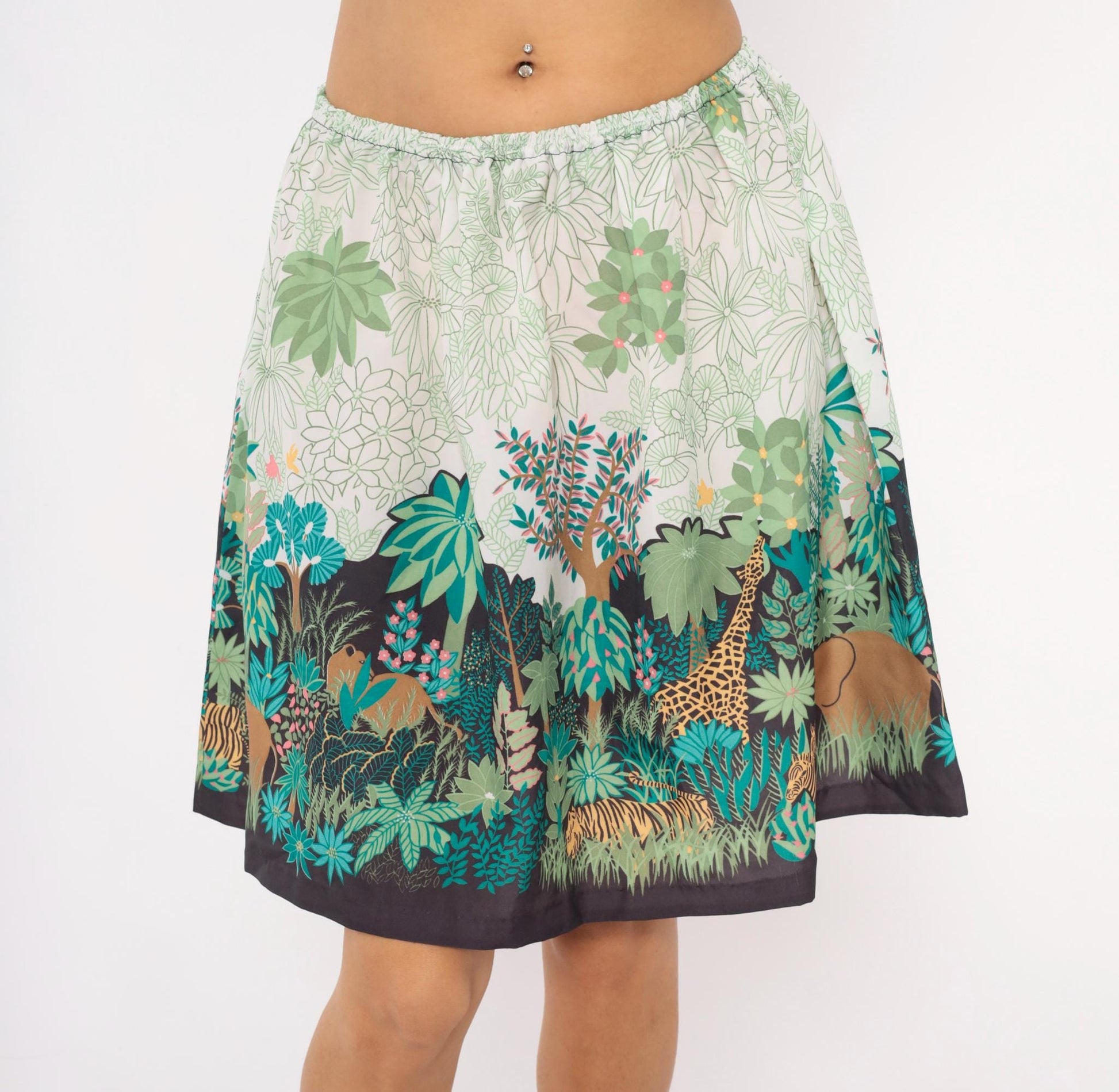80s Jungle Safari Animal Print A-Line Skirt Knee-Length Cream Small Medium