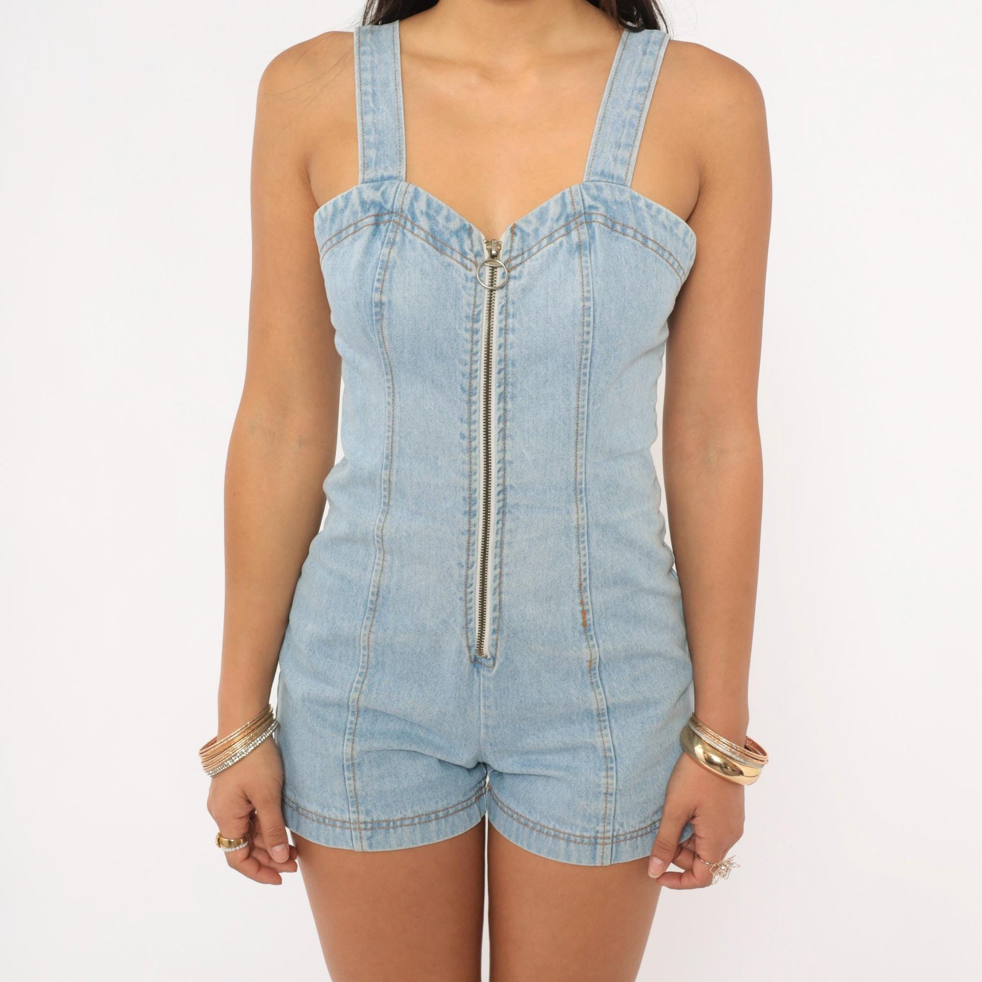 90s Pottery Denim Mini Romper Light Wash Sweetheart Neckline Extra Small XS