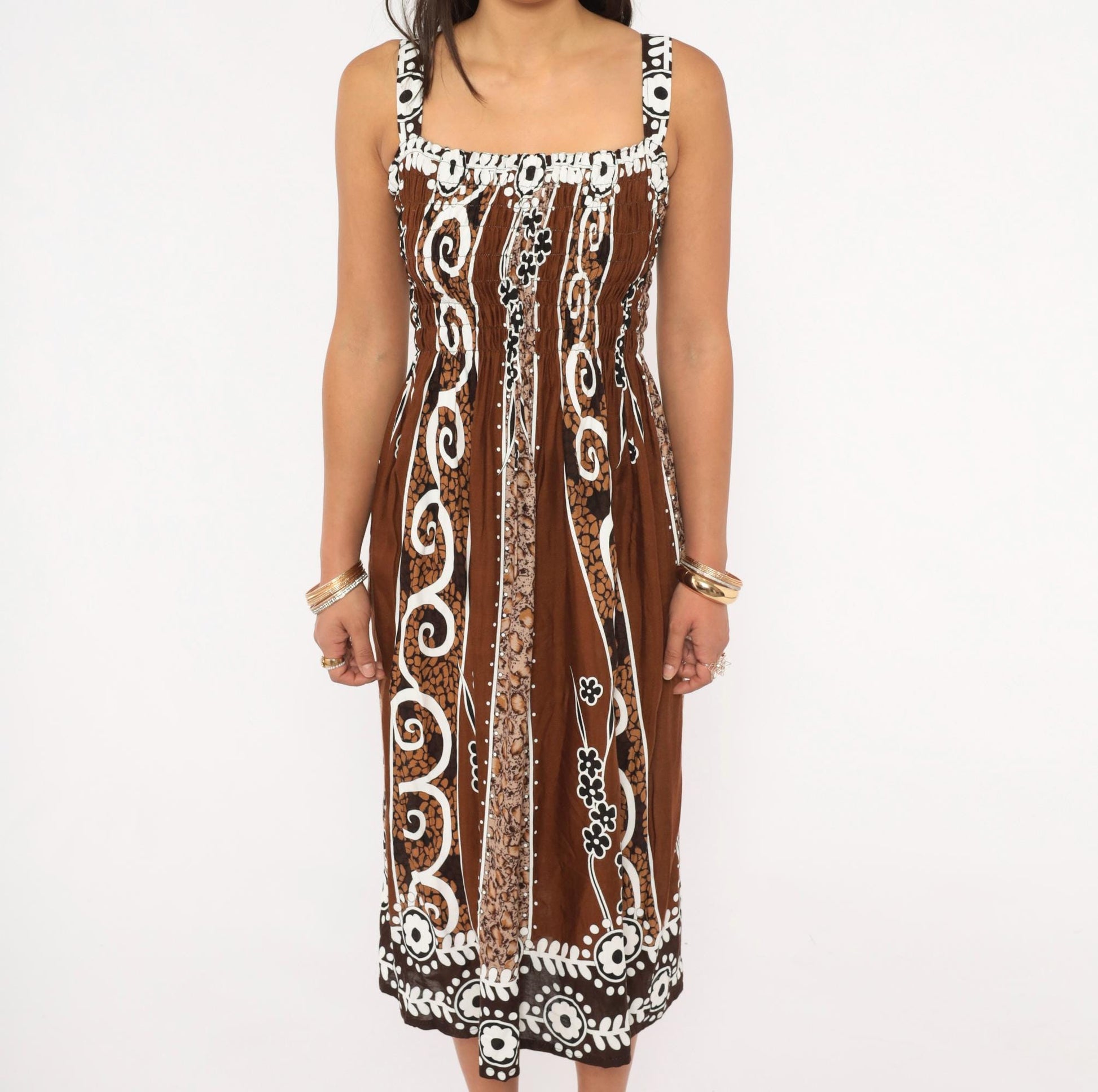 2000s Batik Sundress Brown White Floral Square Neck Cutout Small Medium